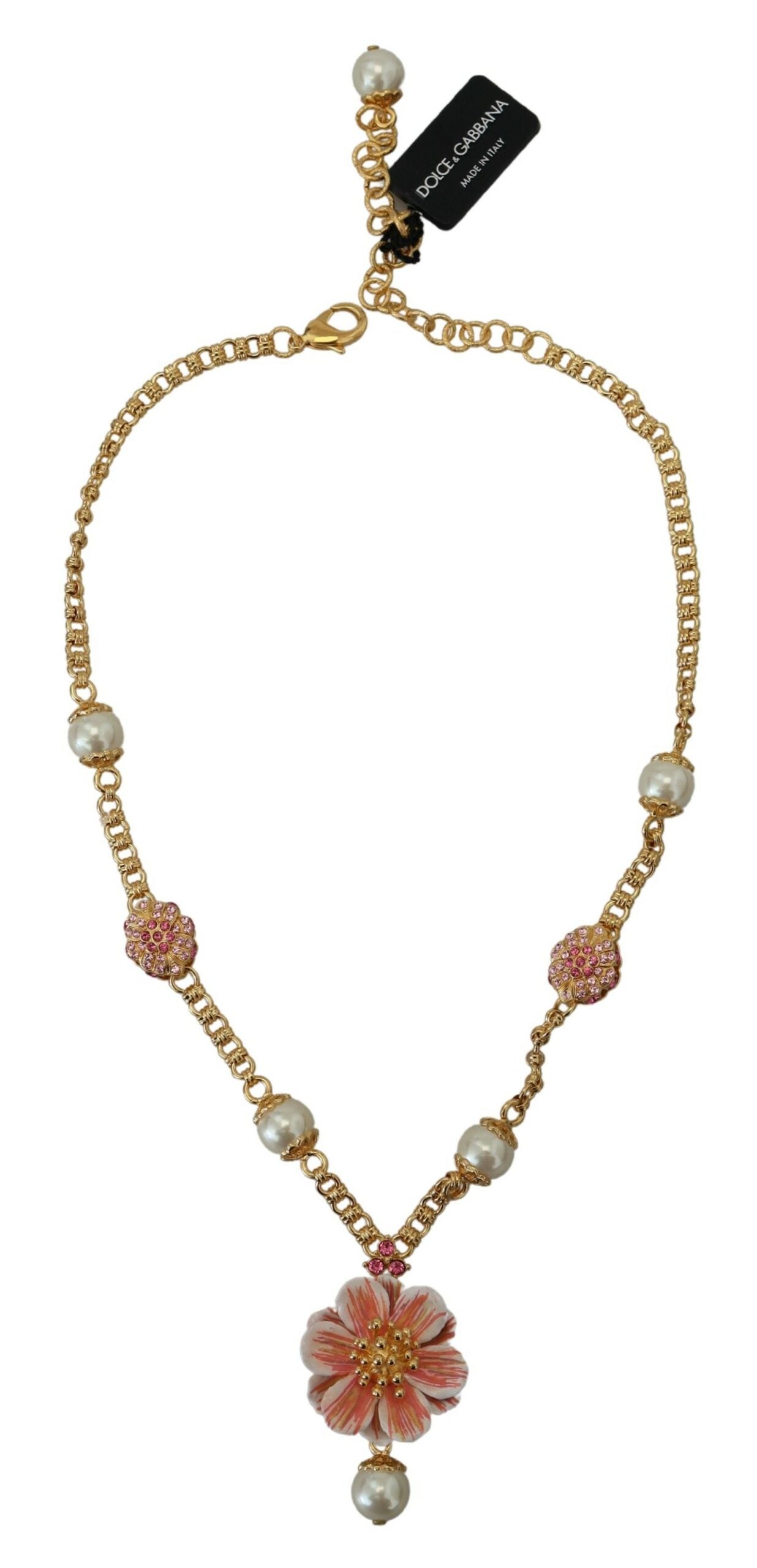 Dolce & Gabbana Gold Tone Floral Crystals Pink Embellished Necklace | Regal Royce