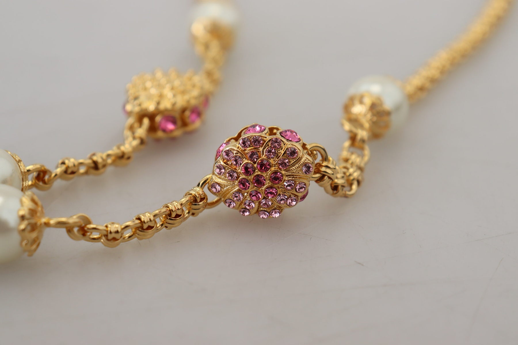 Dolce & Gabbana Gold Tone Floral Crystals Pink Embellished Necklace | Regal Royce
