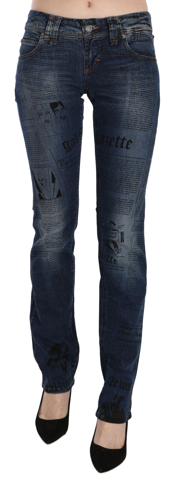 John Galliano Blue Newspaper Print Low Waist Skinny Denim Pants | Regal Royce