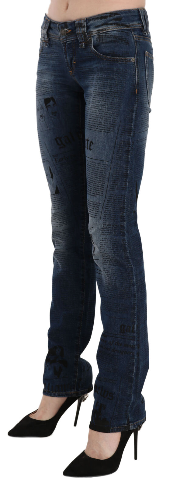 John Galliano Blue Newspaper Print Low Waist Skinny Denim Pants | Regal Royce