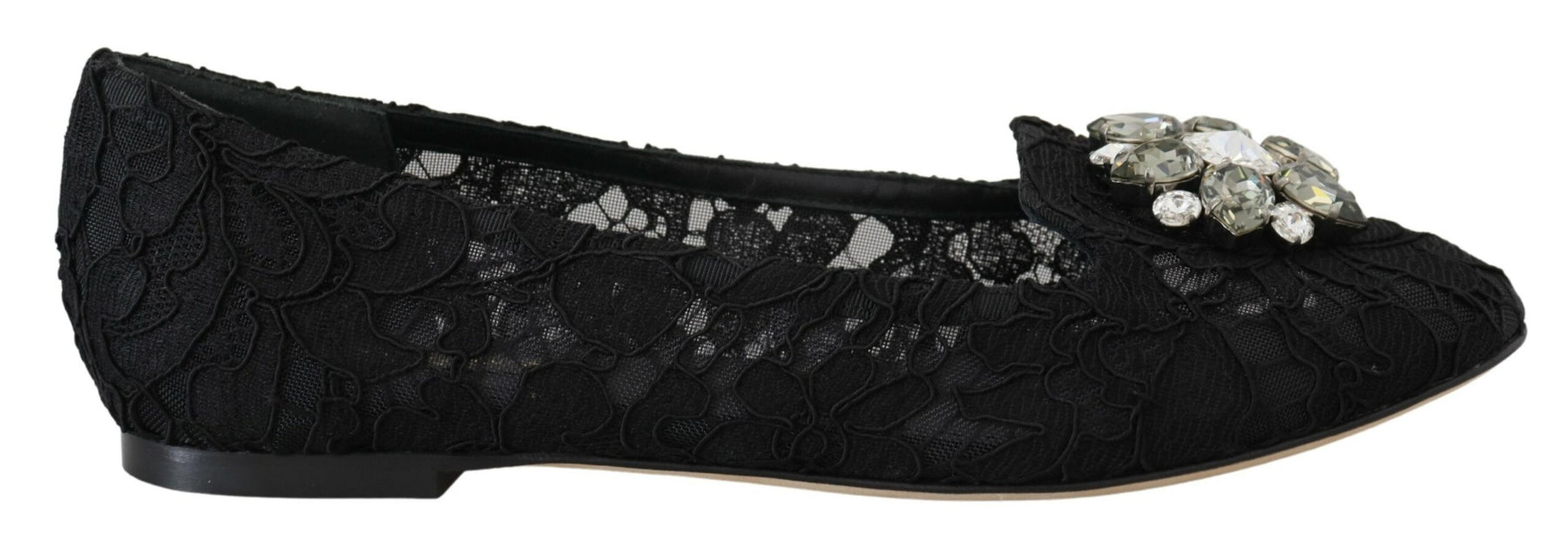 Dolce & Gabbana Black Taormina Lace Crystals Flats Shoes | Regal Royce