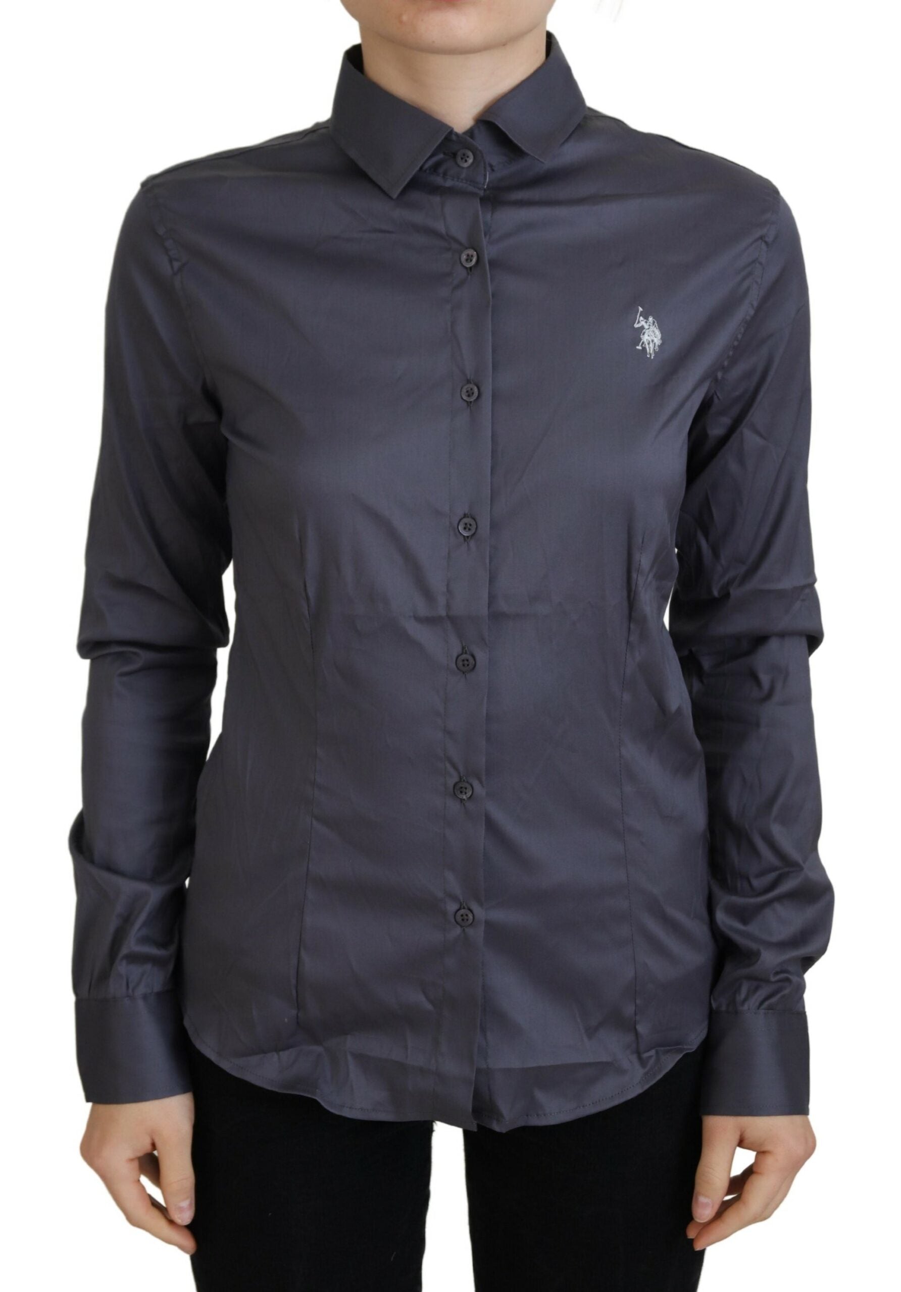 U.S. POLO ASSN. Gray Printed Long Sleeves Collared Top | Regal Royce