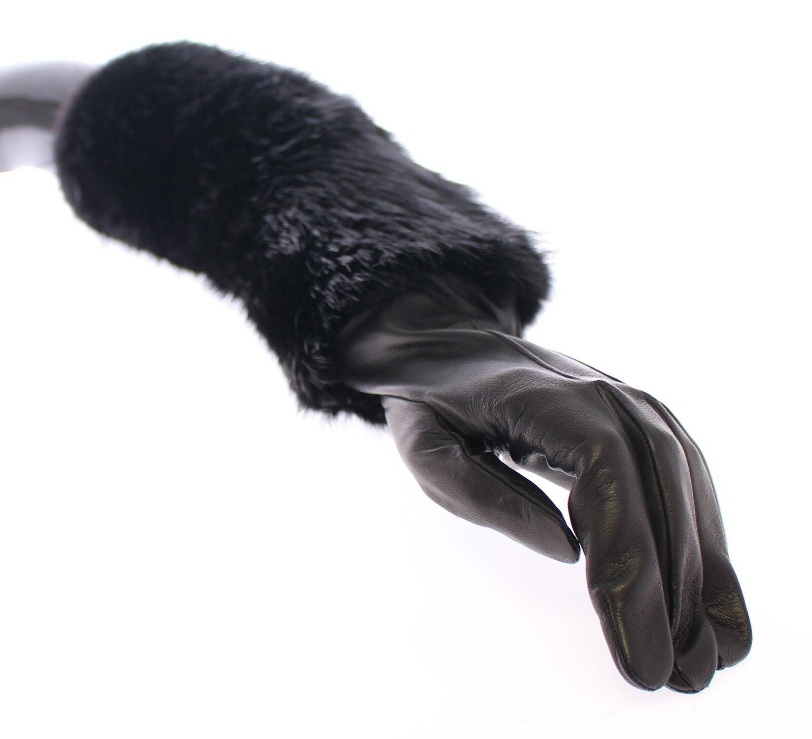 Dolce & Gabbana Black Beaver Fur Lambskin Leather Elbow Gloves | Regal Royce