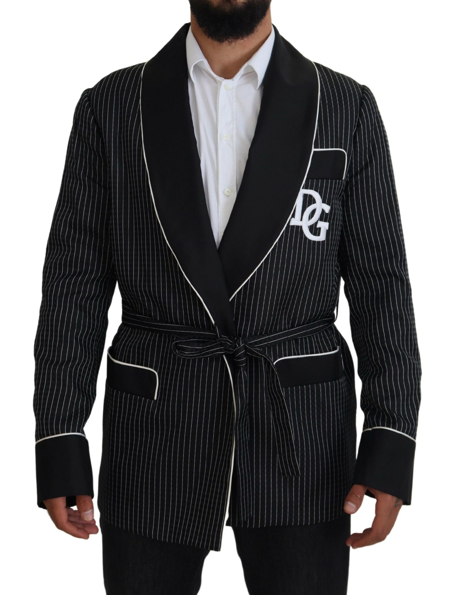 Dolce & Gabbana Black Robe Striped DG Patch Jacket Men Blazer | Regal Royce