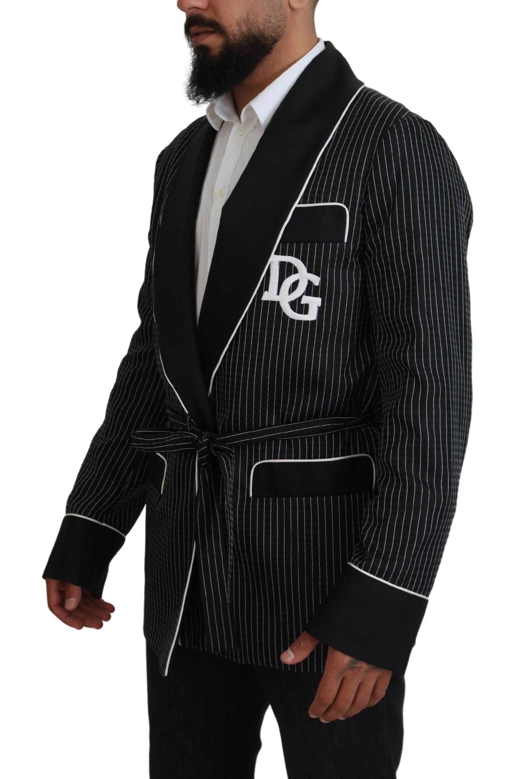 Dolce & Gabbana Black Robe Striped DG Patch Jacket Men Blazer | Regal Royce