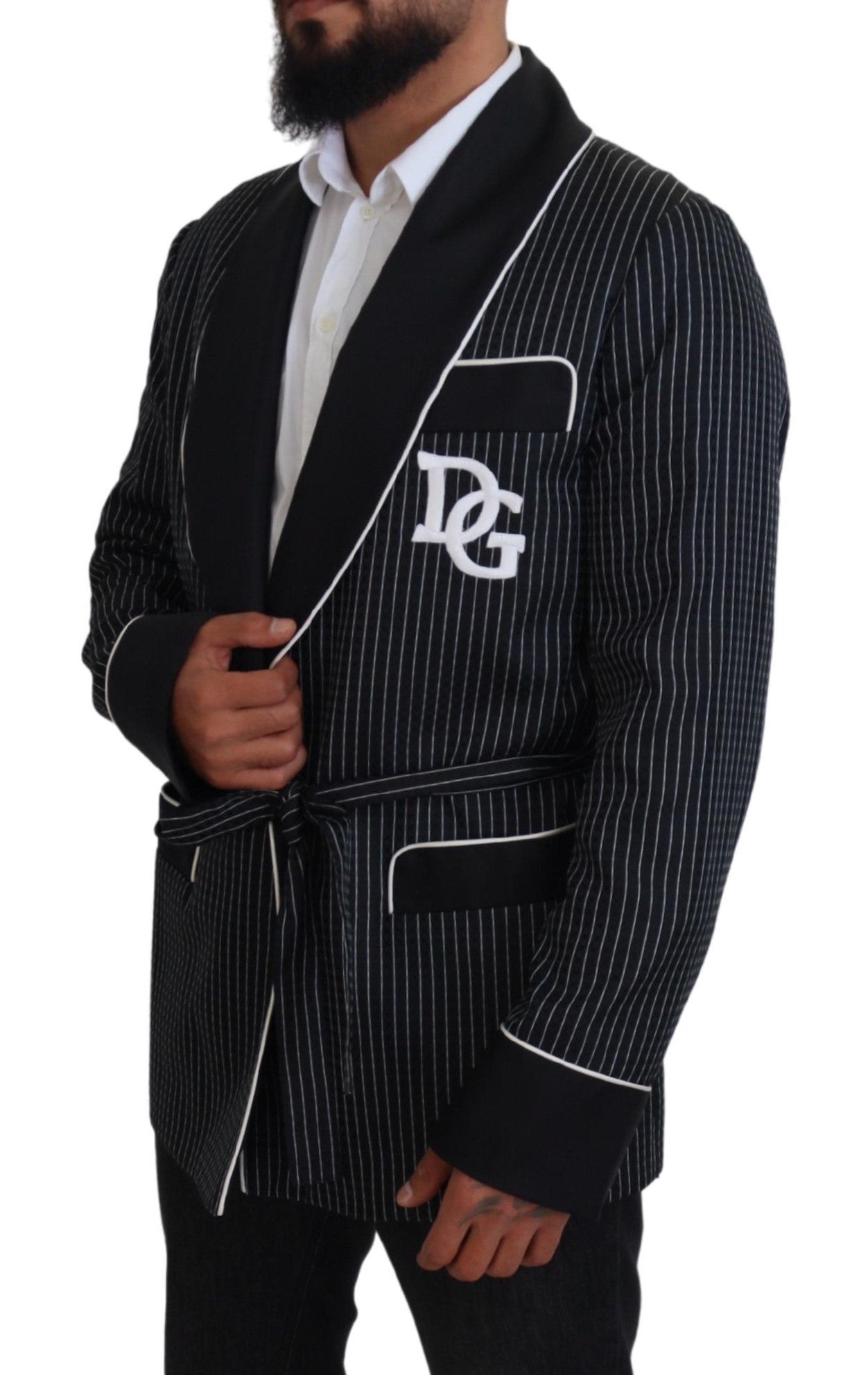 Dolce & Gabbana Black Robe Striped DG Patch Jacket Men Blazer | Regal Royce
