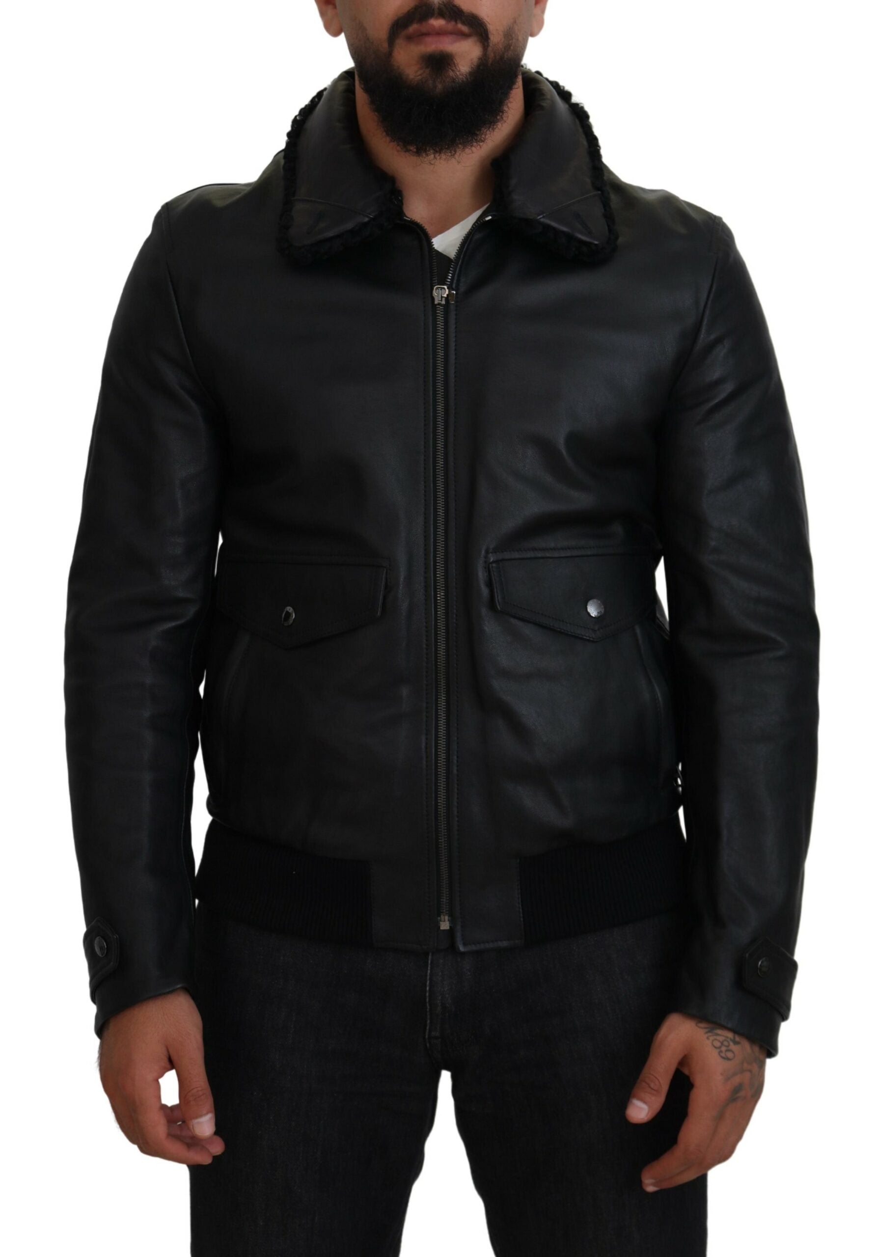 Dolce & Gabbana Black Lamb Leather Collared Men Coat Jacket | Regal Royce