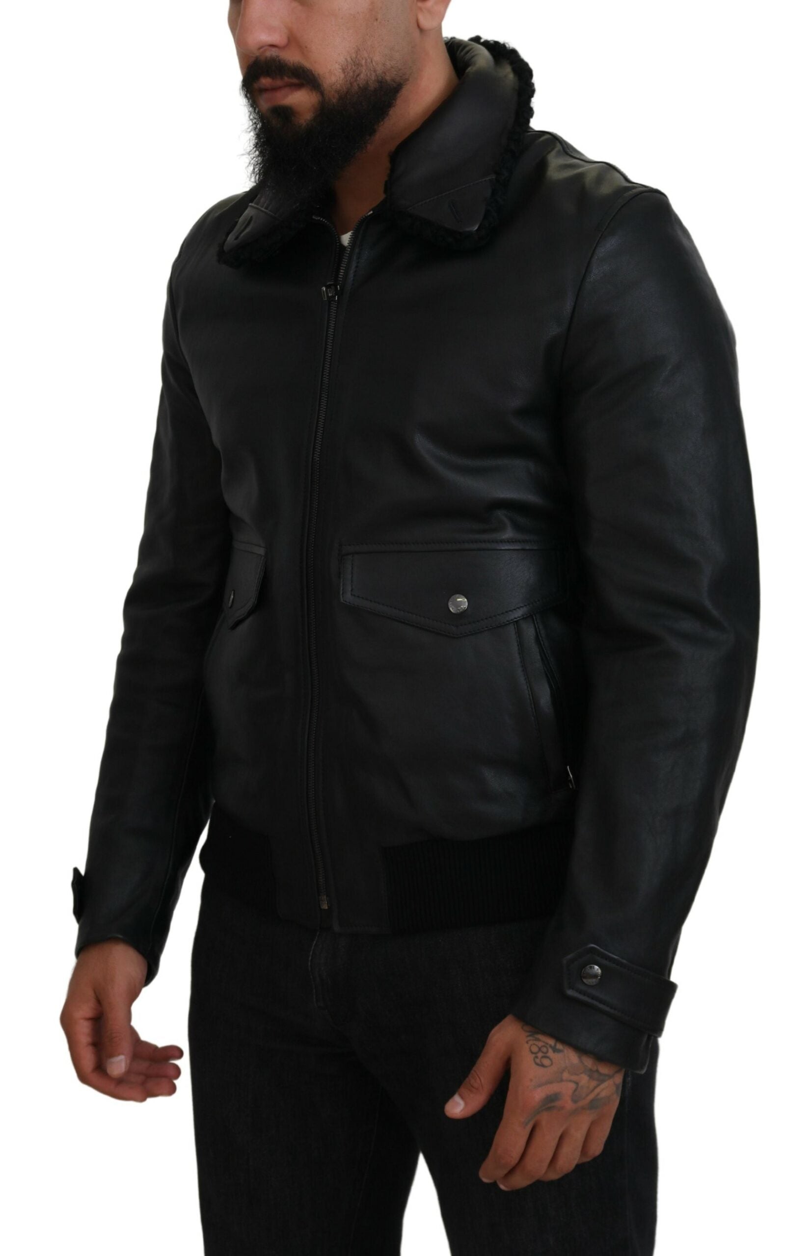 Dolce & Gabbana Black Lamb Leather Collared Men Coat Jacket | Regal Royce