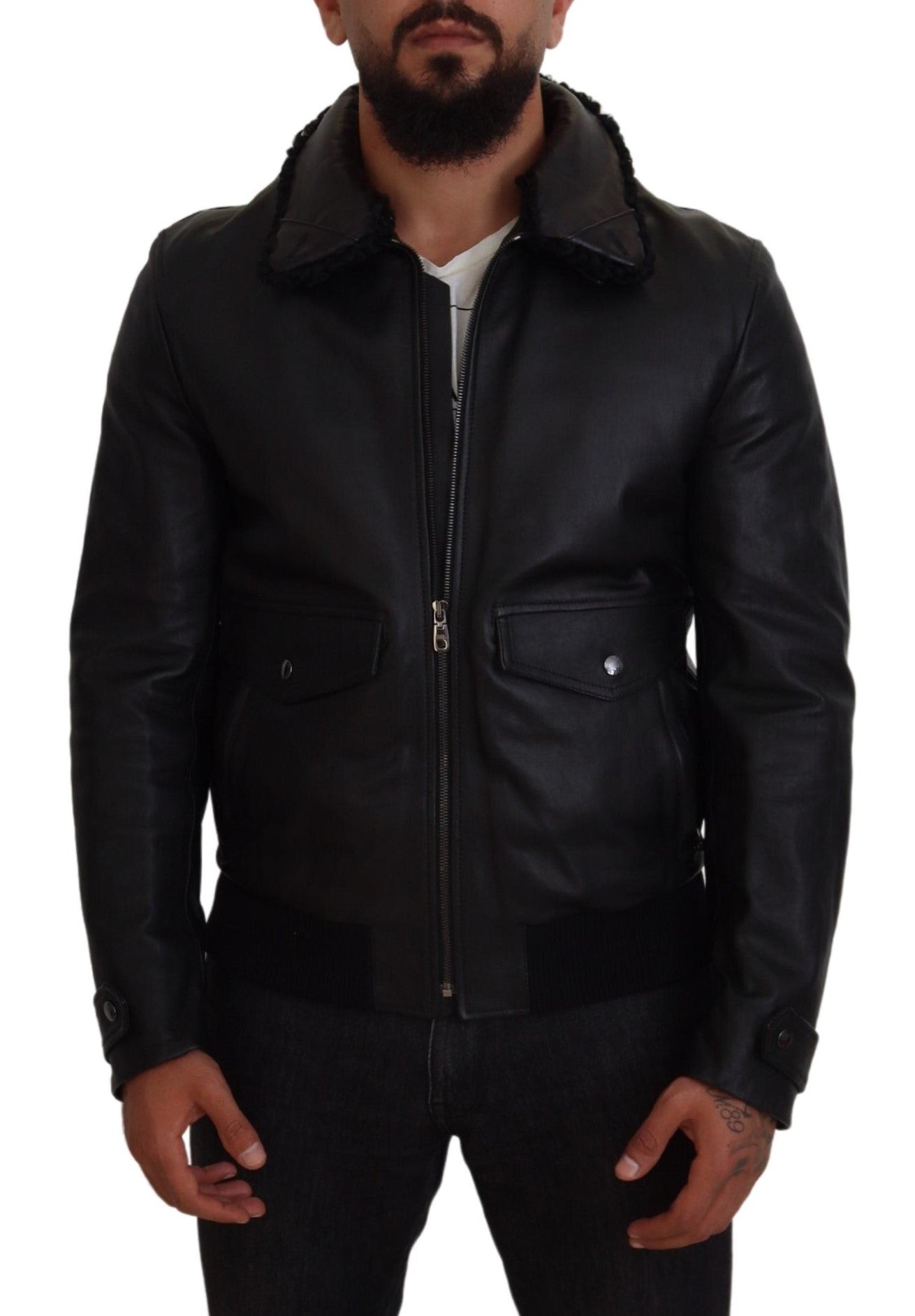 Dolce & Gabbana Black Lamb Leather Collared Men Coat Jacket | Regal Royce