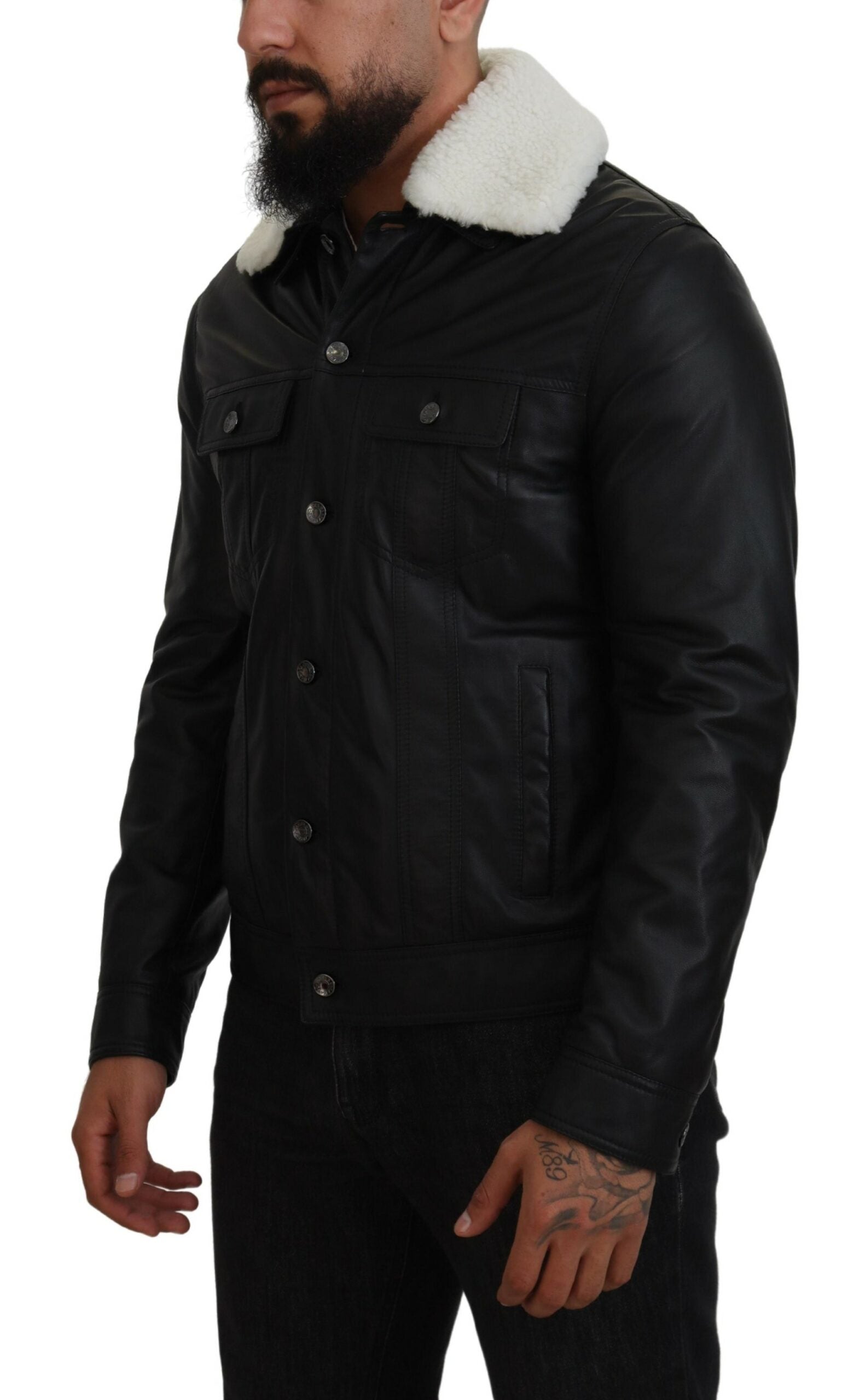 Dolce & Gabbana Black Lamb Leather Collared Men Coat Jacket | Regal Royce
