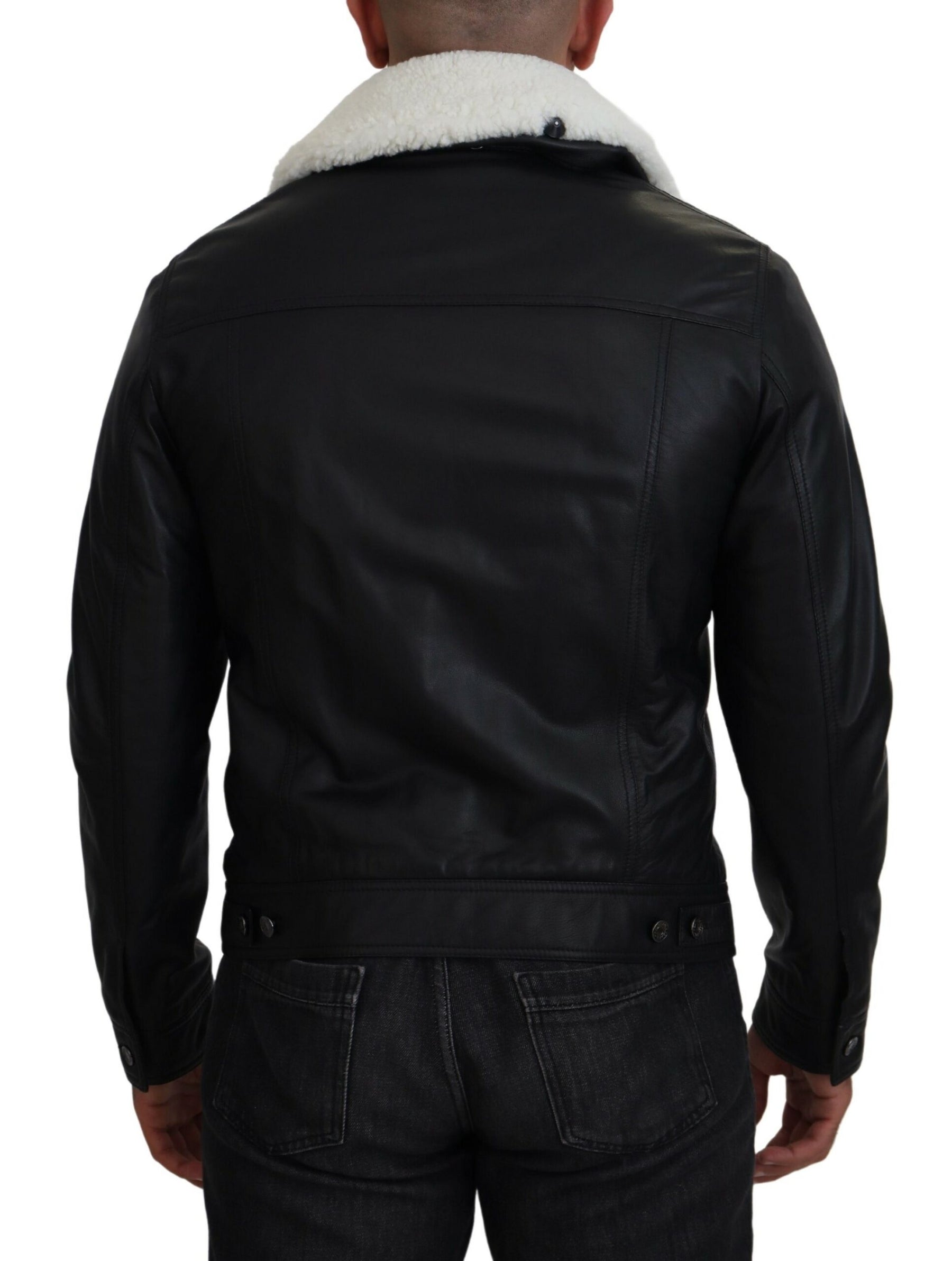 Dolce & Gabbana Black Lamb Leather Collared Men Coat Jacket | Regal Royce
