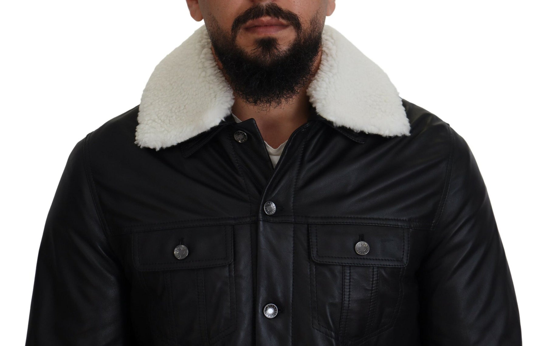 Dolce & Gabbana Black Lamb Leather Collared Men Coat Jacket | Regal Royce