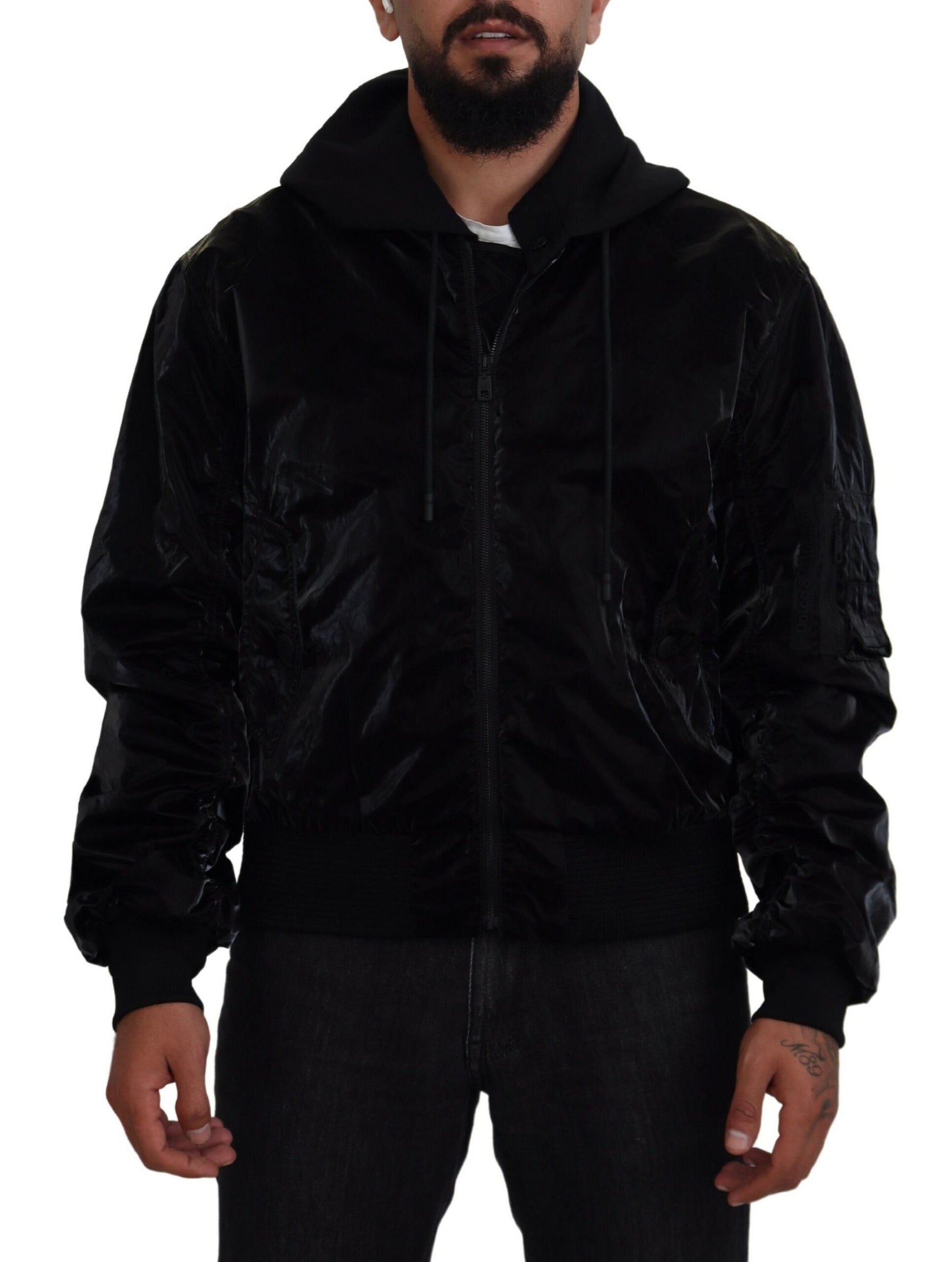 Dolce & Gabbana Black Nylon Hooded Full Zip Bomber Jacket | Regal Royce