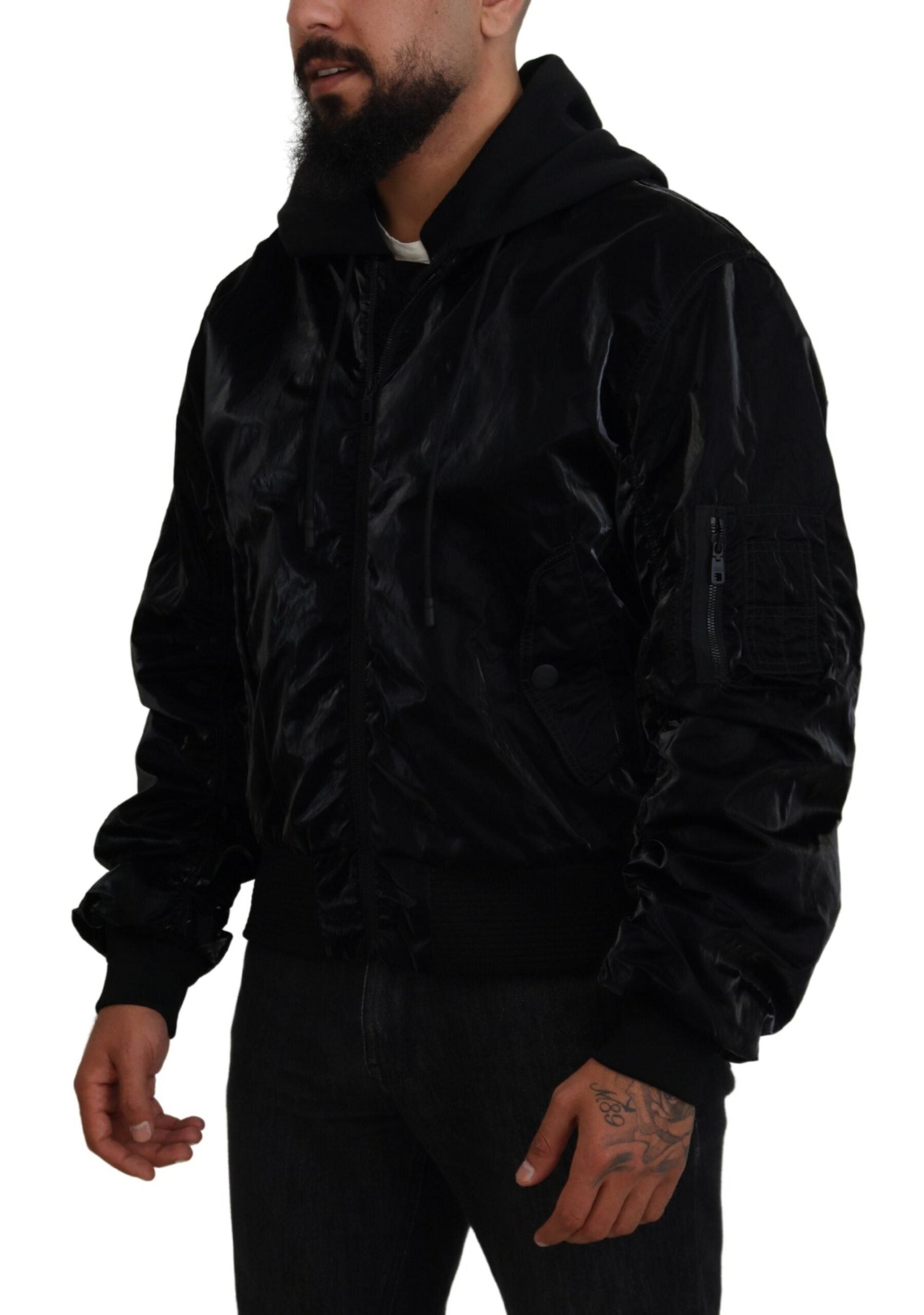Dolce & Gabbana Black Nylon Hooded Full Zip Bomber Jacket | Regal Royce