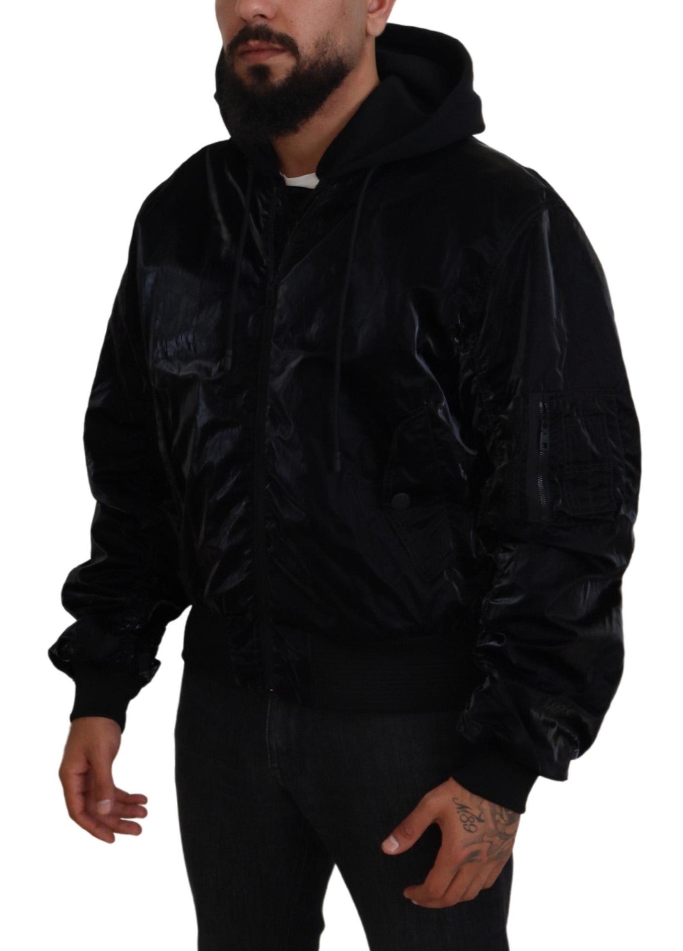 Dolce & Gabbana Black Nylon Hooded Full Zip Bomber Jacket | Regal Royce