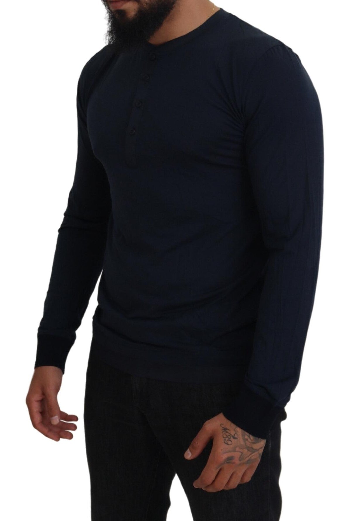 Dolce & Gabbana Blue Cotton Button Crewneck Pullover Sweater | Regal Royce