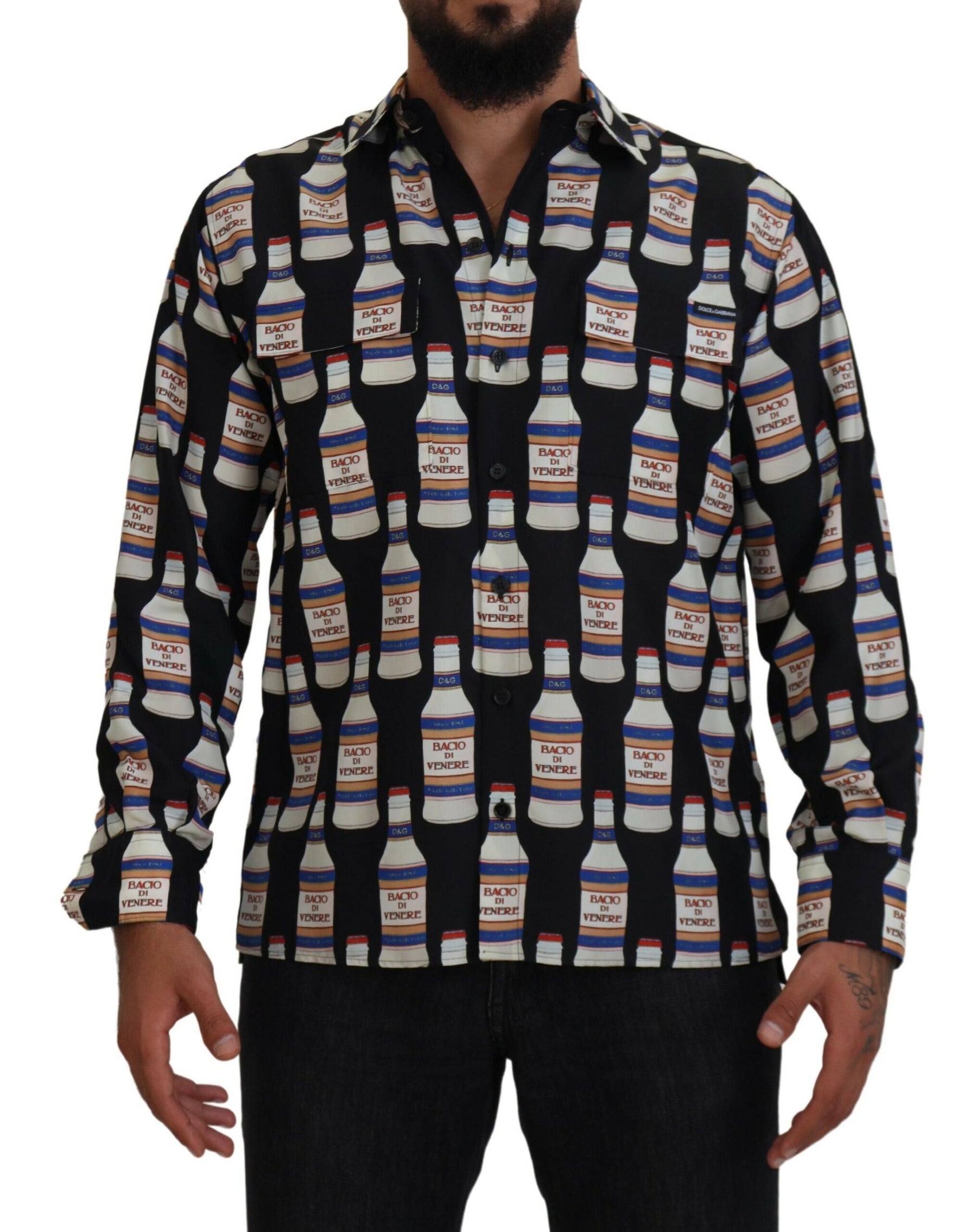 Dolce & Gabbana Black Silk Printed Collared Men Casual Shirt | Regal Royce