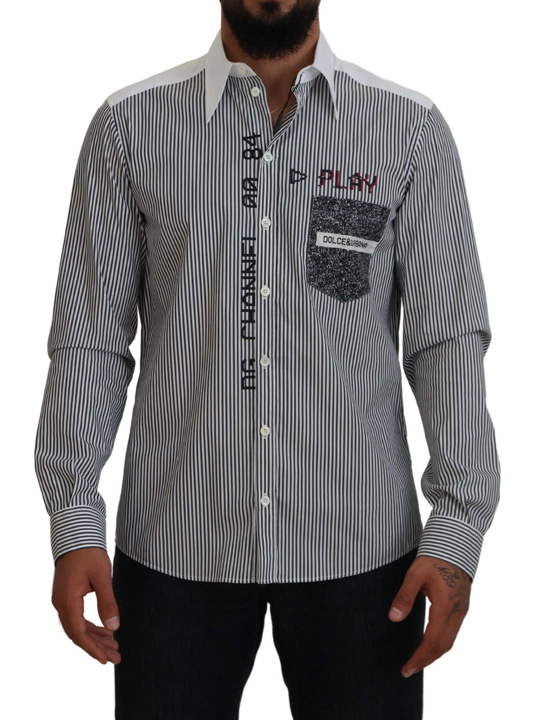 Dolce & Gabbana Black White Striped Printed Casual Cotton Shirt | Regal Royce