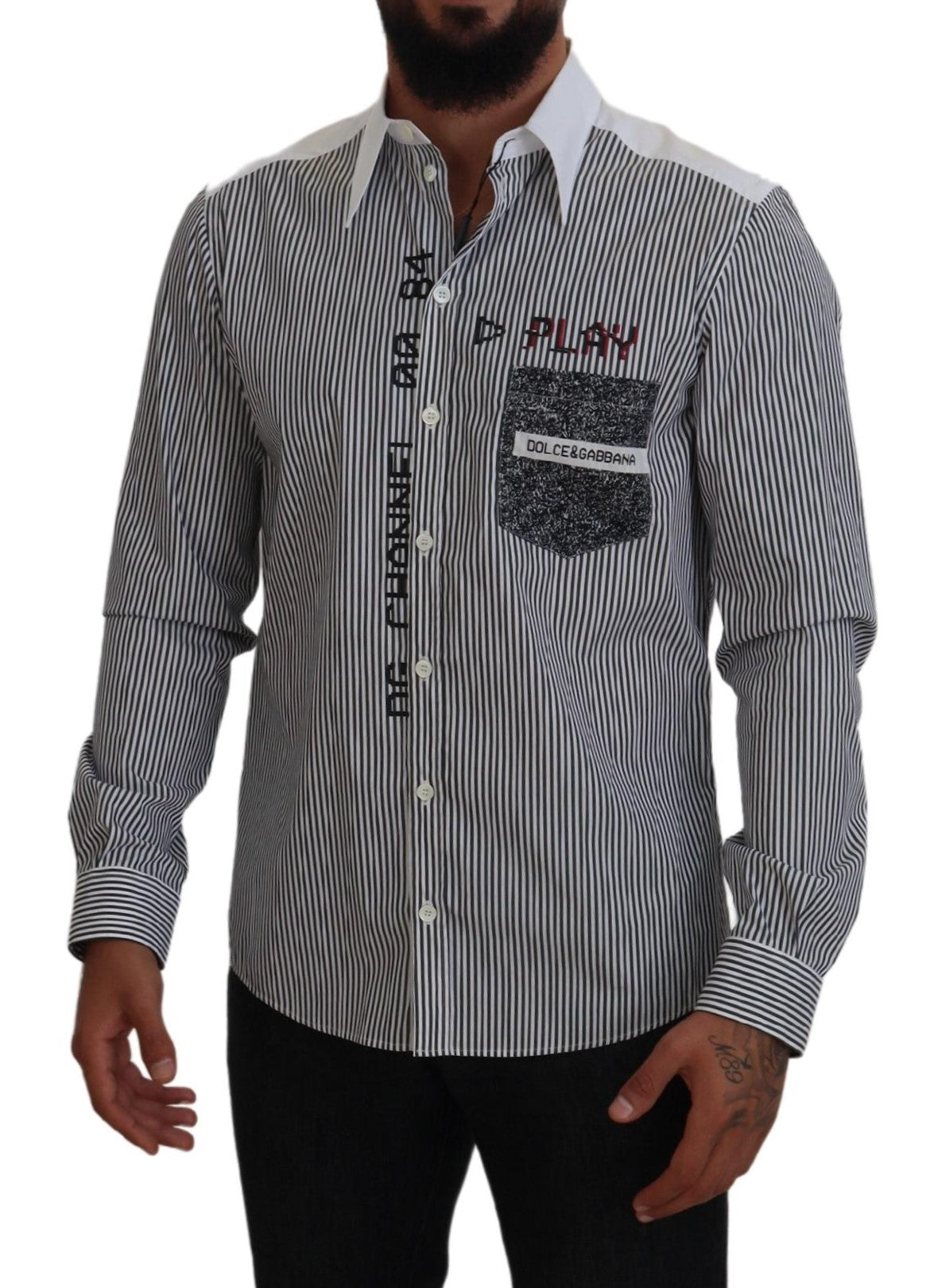 Dolce & Gabbana Black White Striped Printed Casual Cotton Shirt | Regal Royce