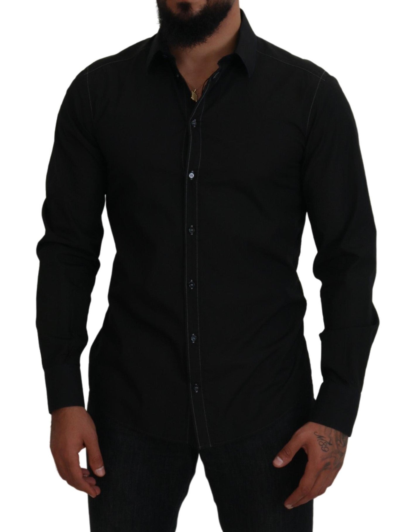 Dolce & Gabbana Black Cotton Collared Long Sleeve GOLD Shirt | Regal Royce
