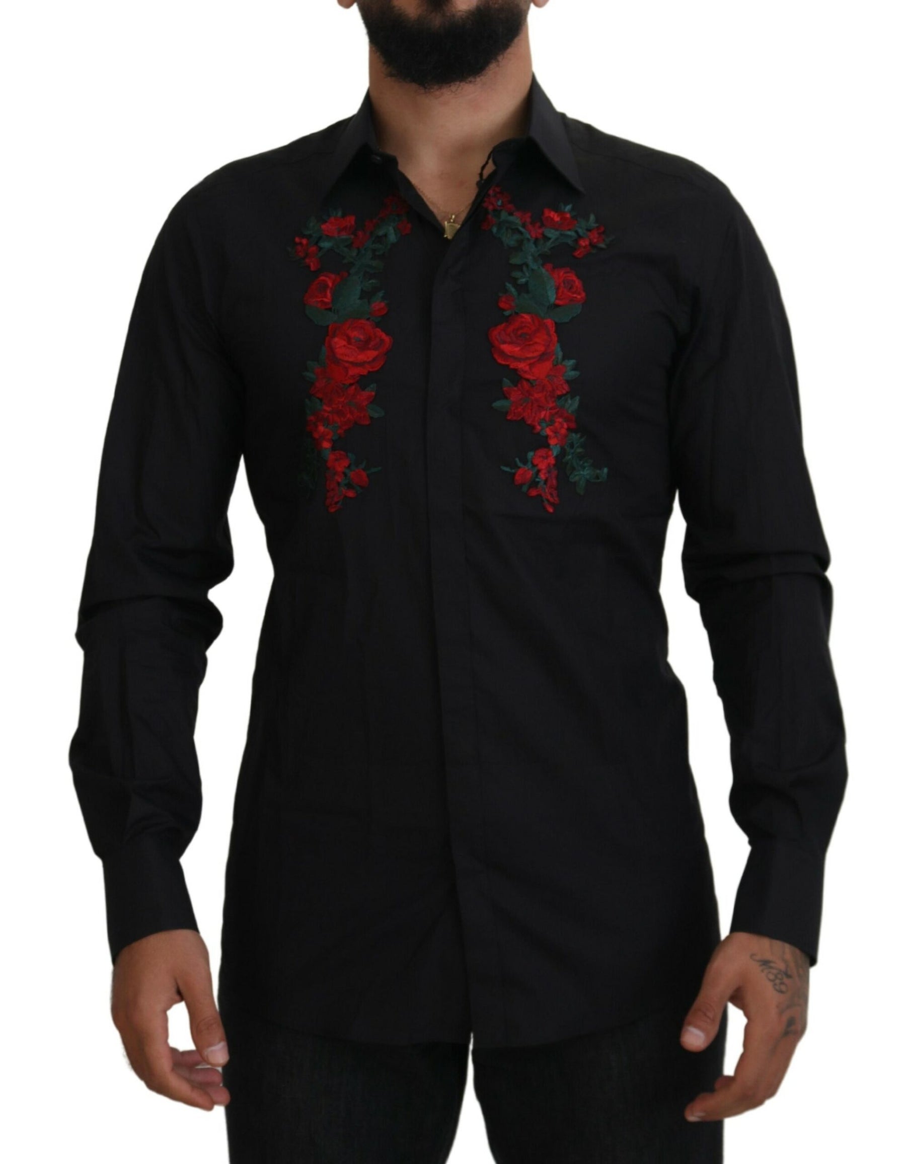 Dolce & Gabbana Black Floral Embroidery Men Long Sleeves GOLD Shirt | Regal Royce