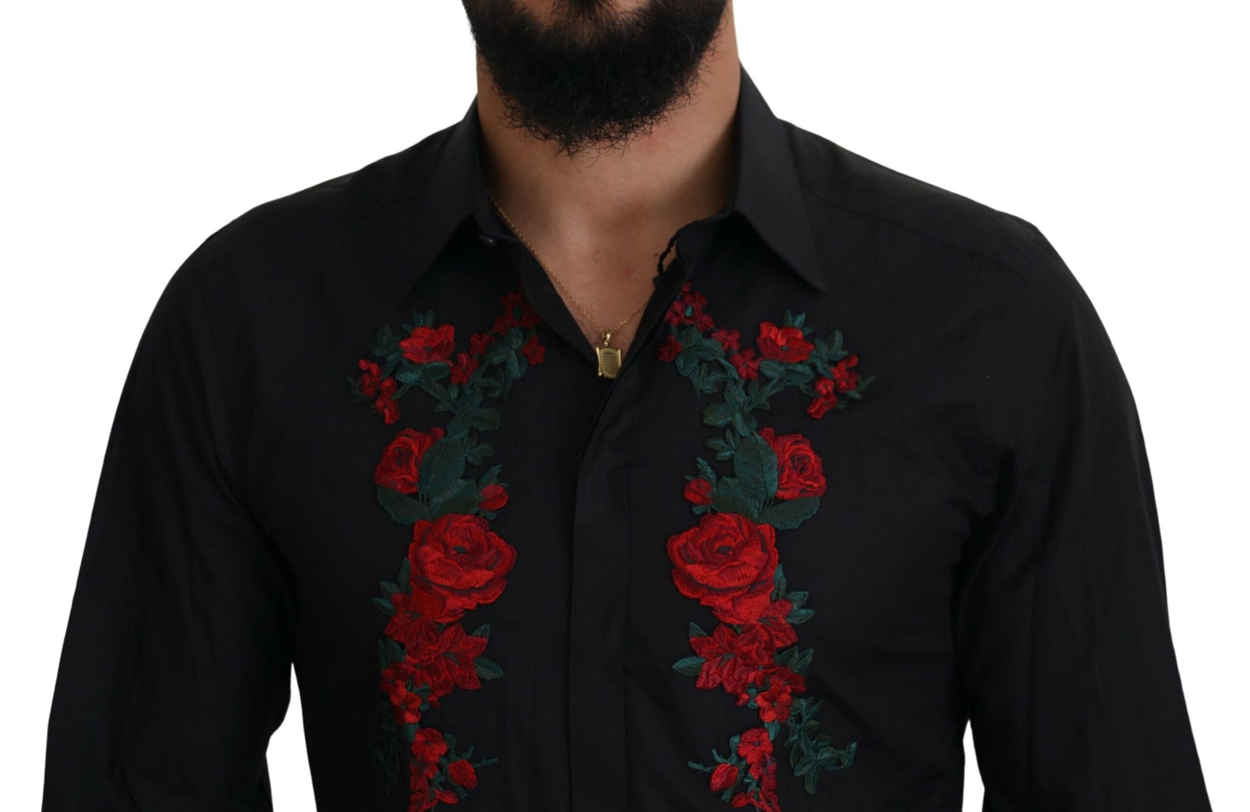 Dolce & Gabbana Black Floral Embroidery Men Long Sleeves GOLD Shirt | Regal Royce