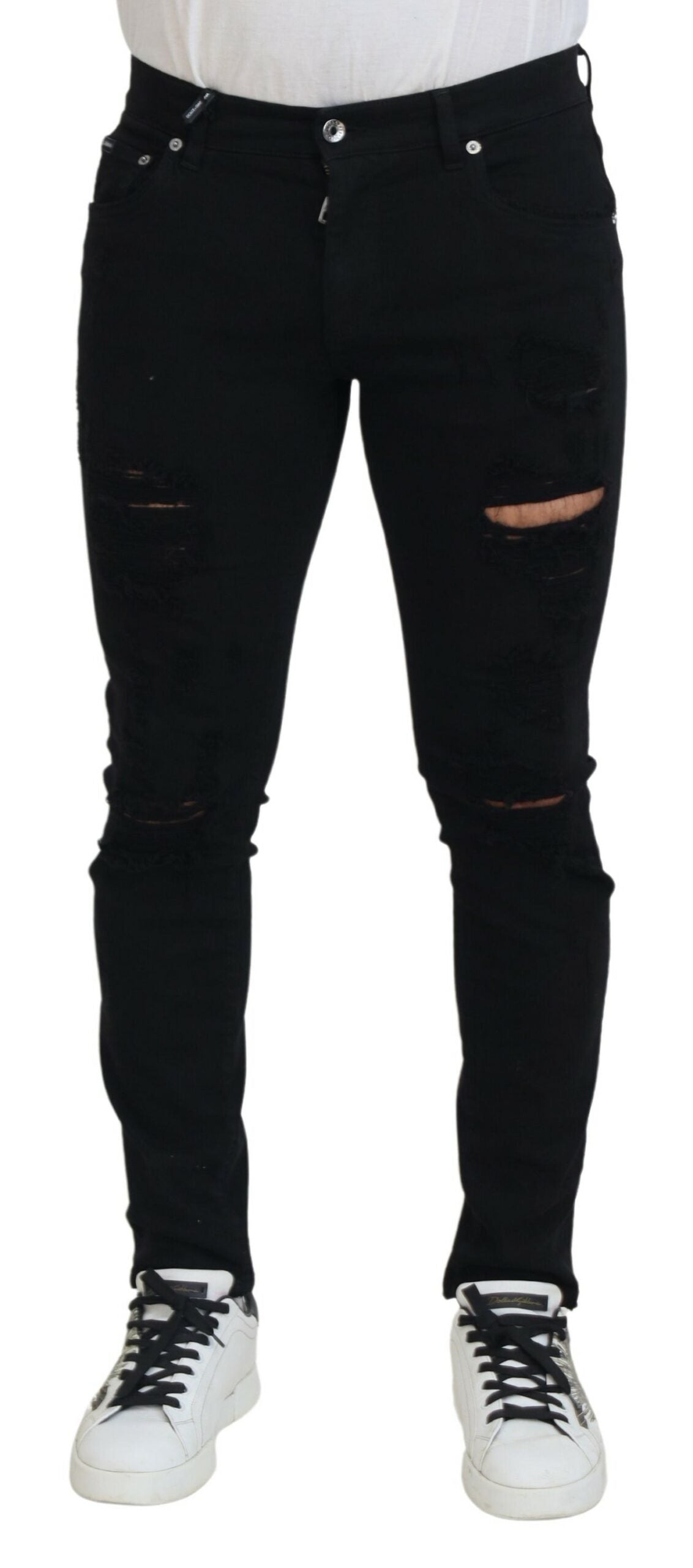 Dolce & Gabbana Black Slim Fit Tattered Denim Cotton Jeans | Regal Royce