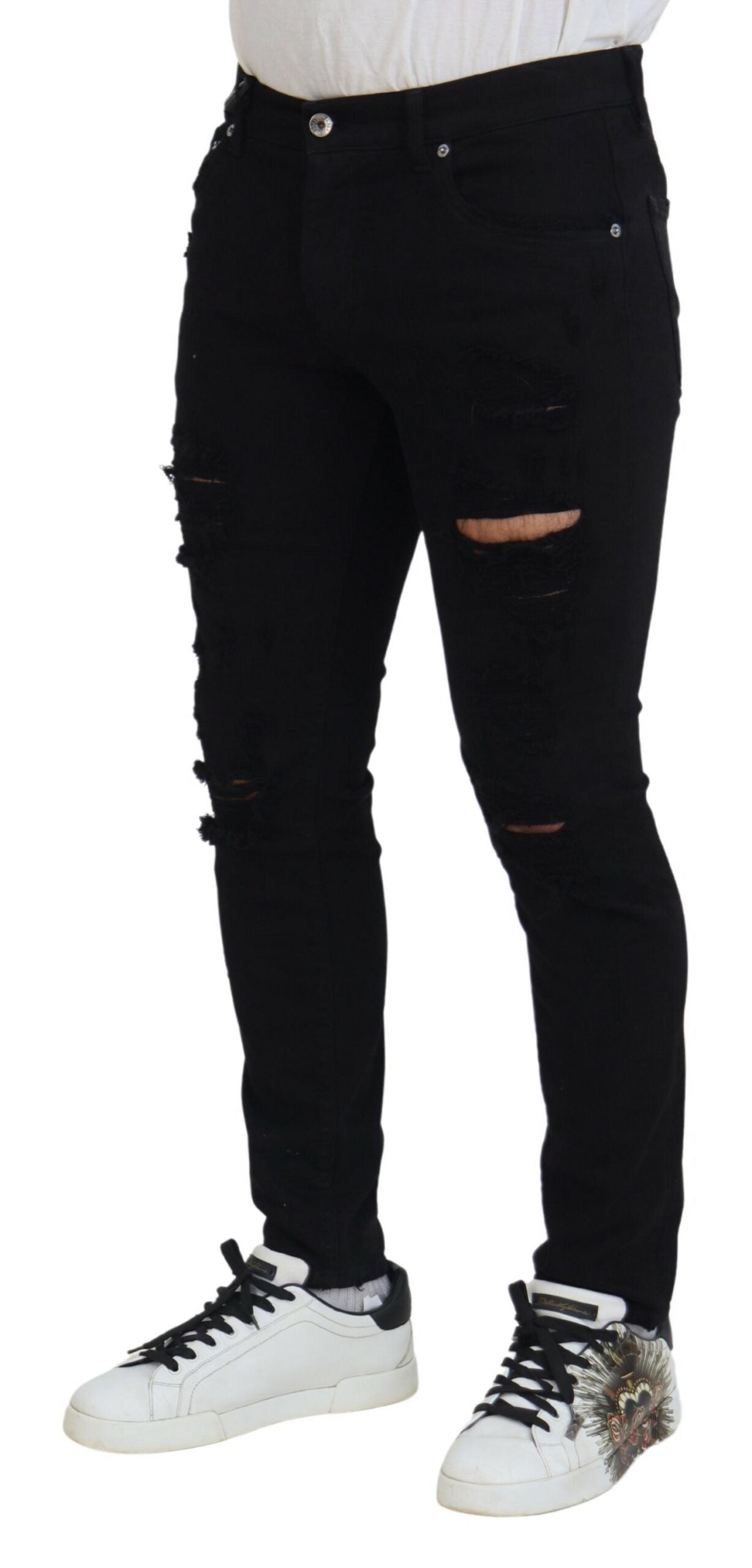 Dolce & Gabbana Black Slim Fit Tattered Denim Cotton Jeans | Regal Royce