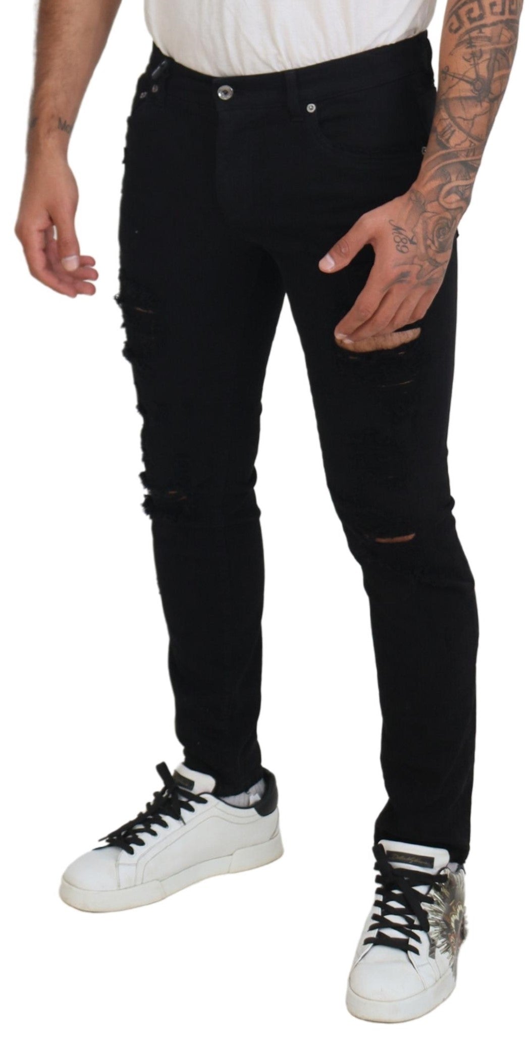 Dolce & Gabbana Black Slim Fit Tattered Denim Cotton Jeans | Regal Royce