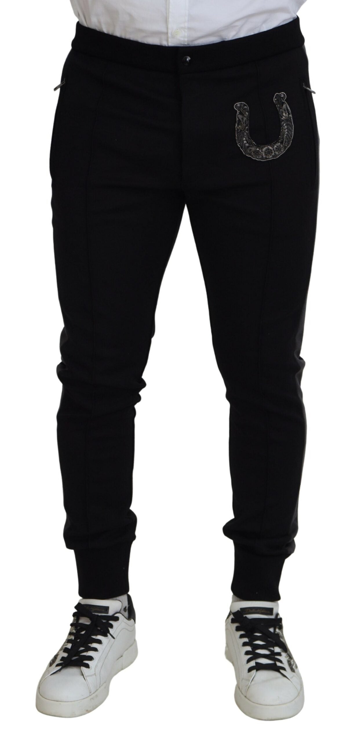 Dolce & Gabbana Black Wool Horseshoe Jogger Pants | Regal Royce