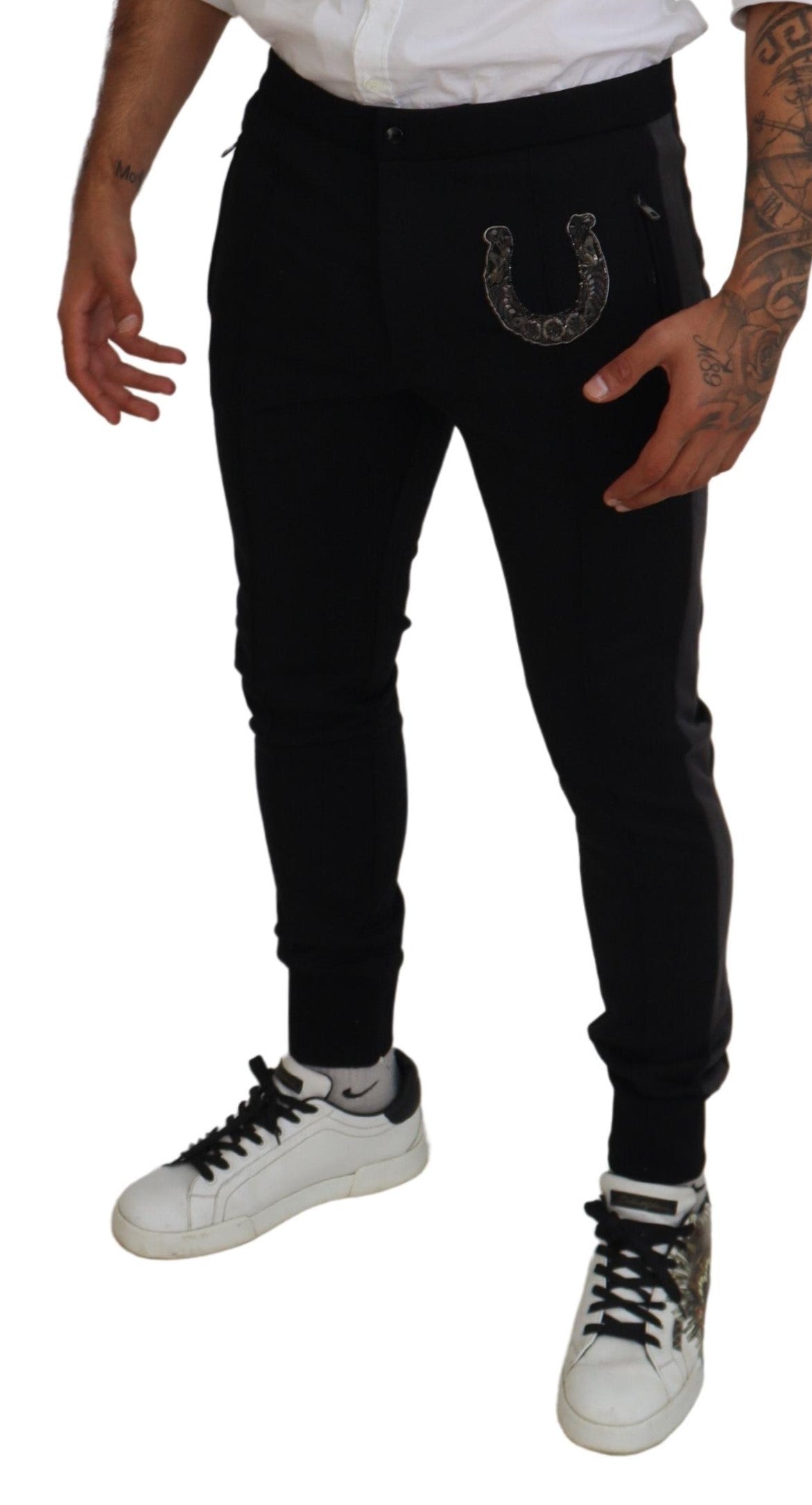 Dolce & Gabbana Black Wool Horseshoe Jogger Pants | Regal Royce