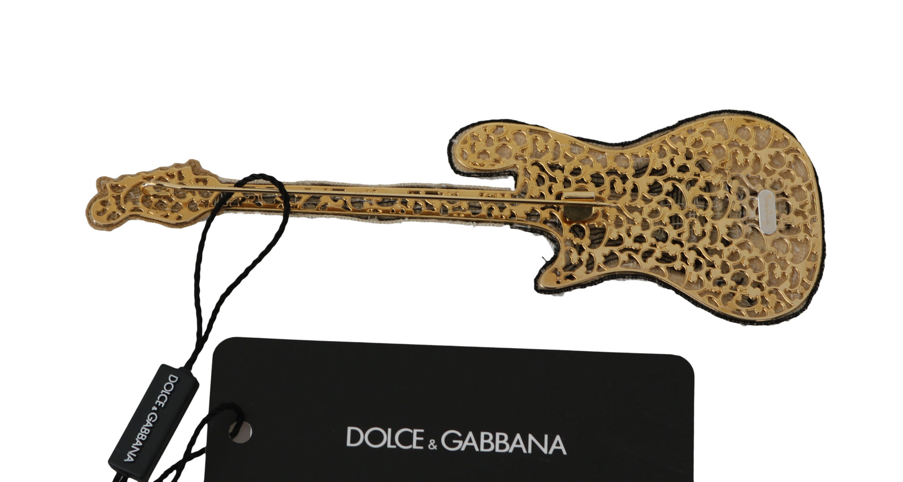 Dolce & Gabbana Gold Brass Beaded Guitar Pin Accessory Brooch | Regal Royce