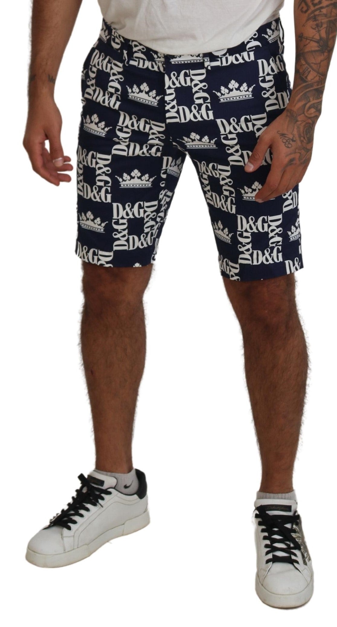 Dolce & Gabbana Blue Logo Print Cotton Chinos Shorts | Regal Royce