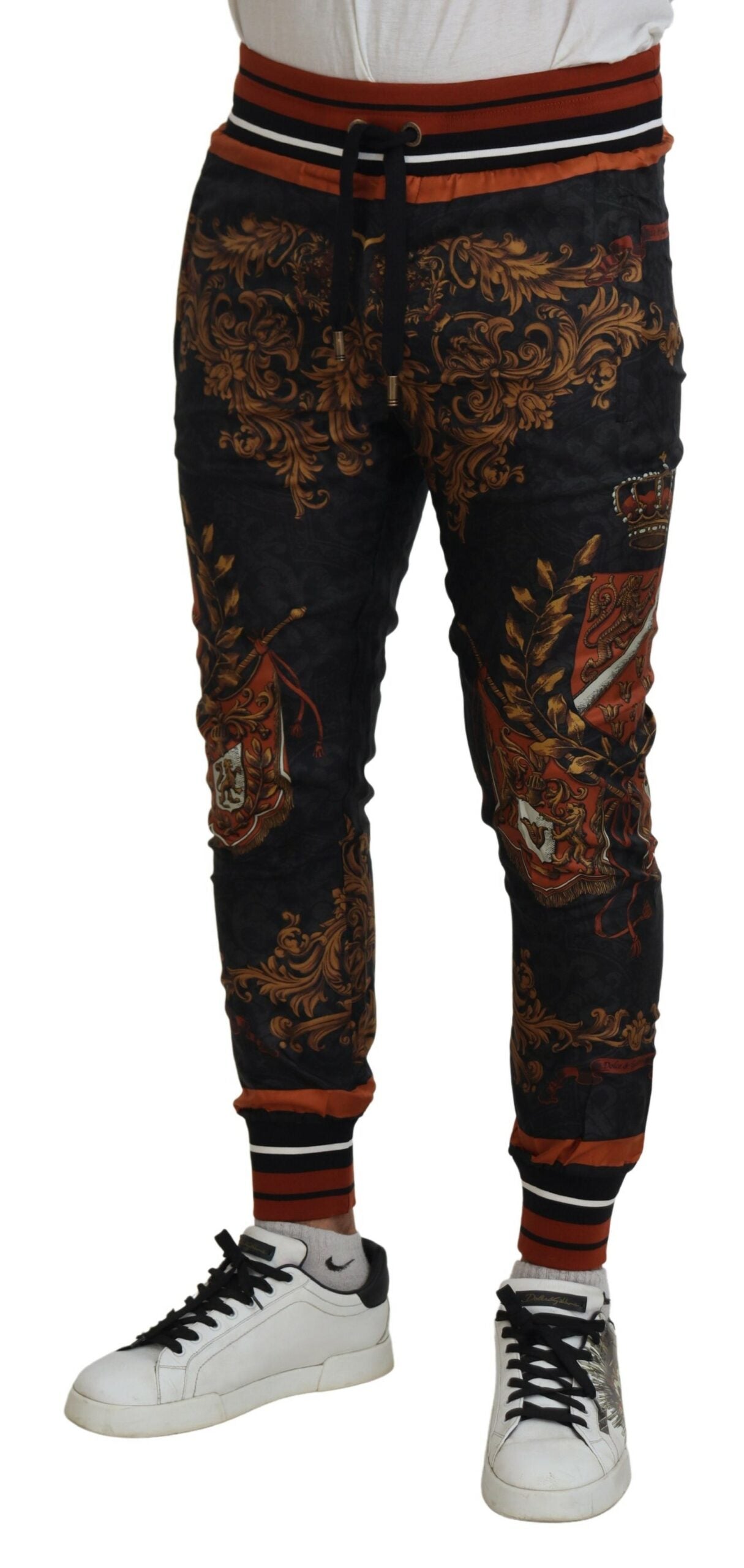 Dolce & Gabbana Gray Silk Baroque Crown Trousers Sport Pants | Regal Royce