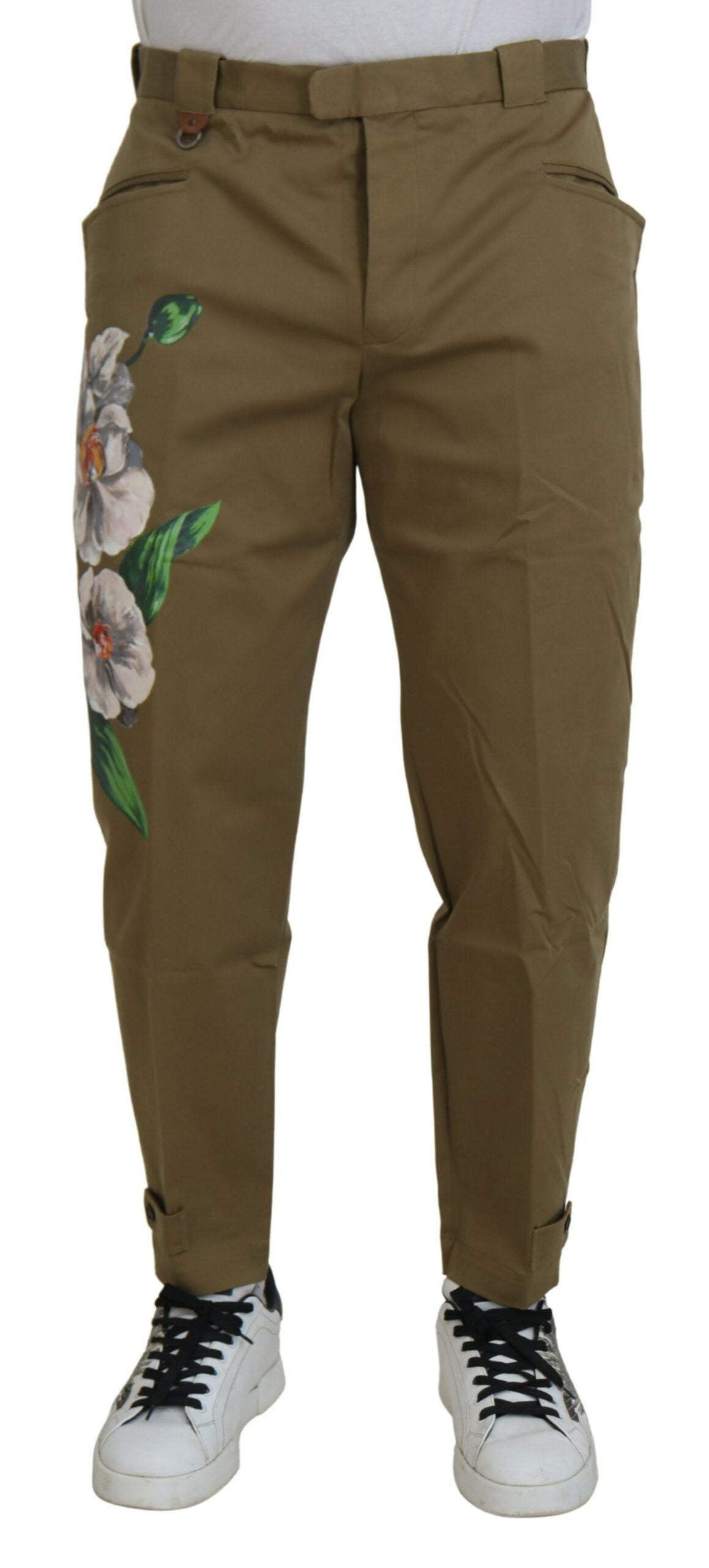 Dolce & Gabbana Beige Cotton Stretch Floral Chinos Pants | Regal Royce