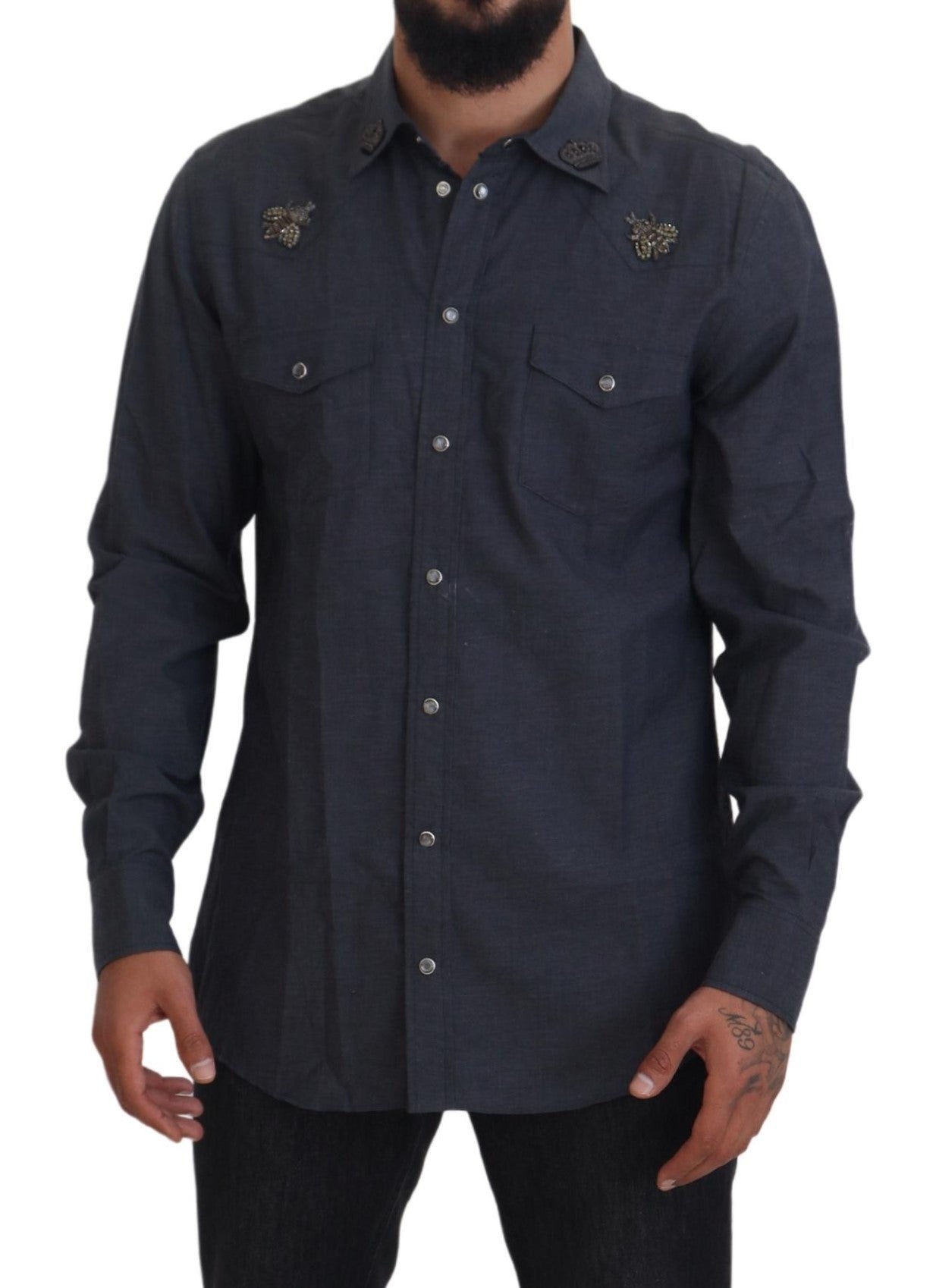 Dolce & Gabbana Blue Cotton Denim Crystal Bee Shirt | Regal Royce