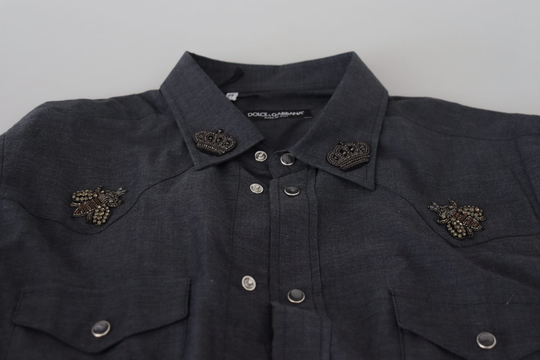 Dolce & Gabbana Blue Cotton Denim Crystal Bee Shirt | Regal Royce