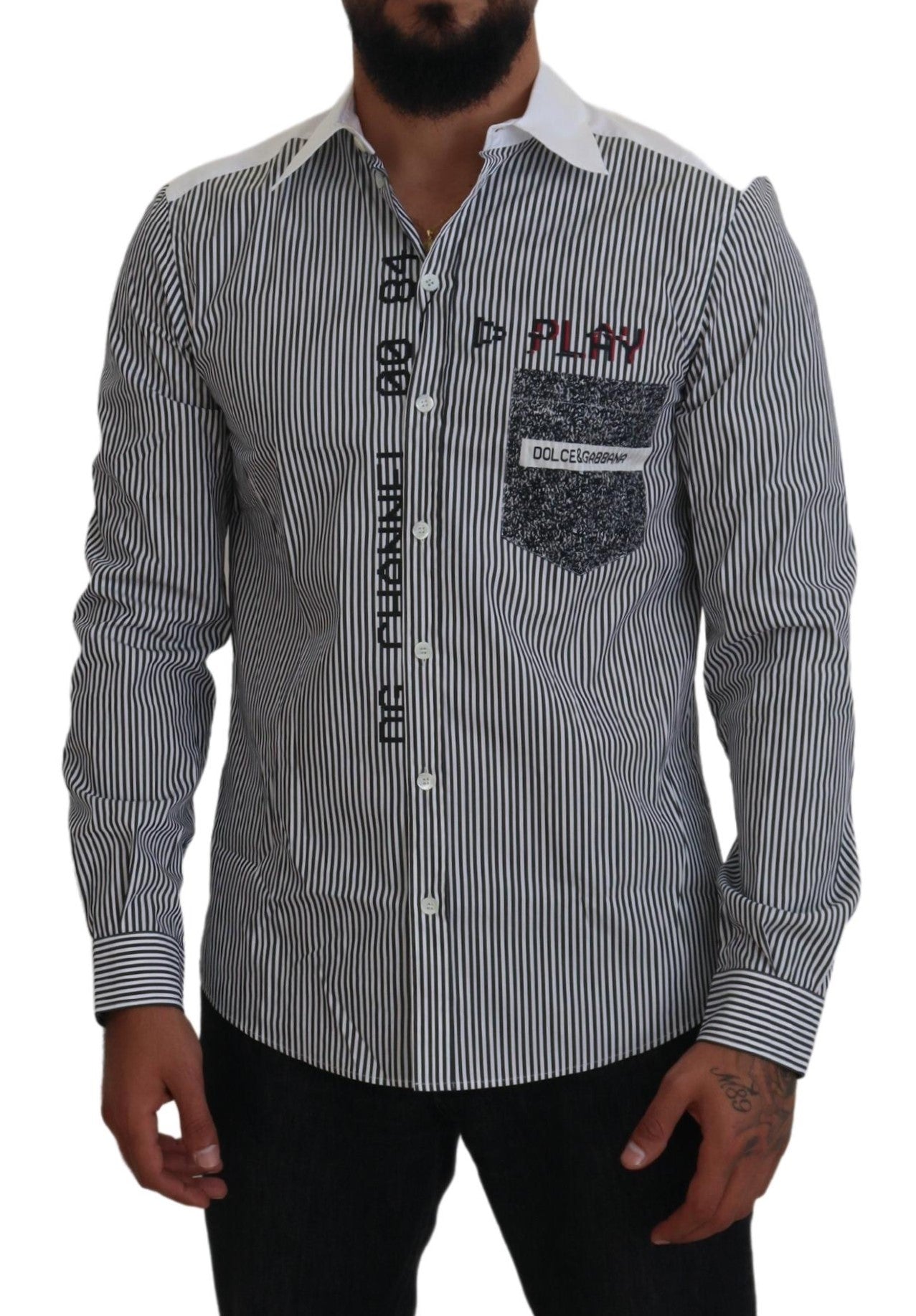 Dolce & Gabbana Gray White Striped Slim Fit Shirt | Regal Royce