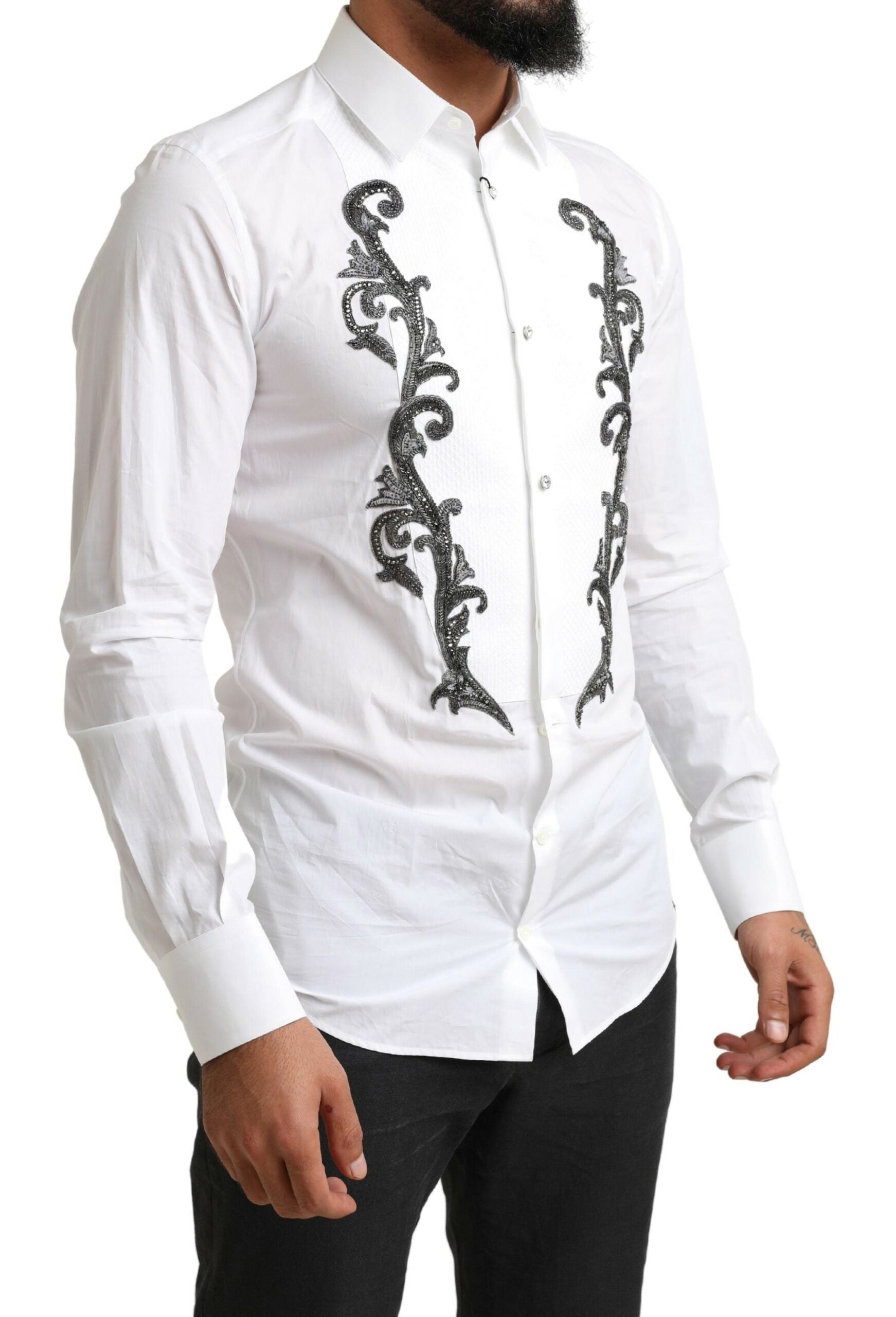 Dolce & Gabbana White Tuxedo Slim Fit Baroque Shirt | Regal Royce