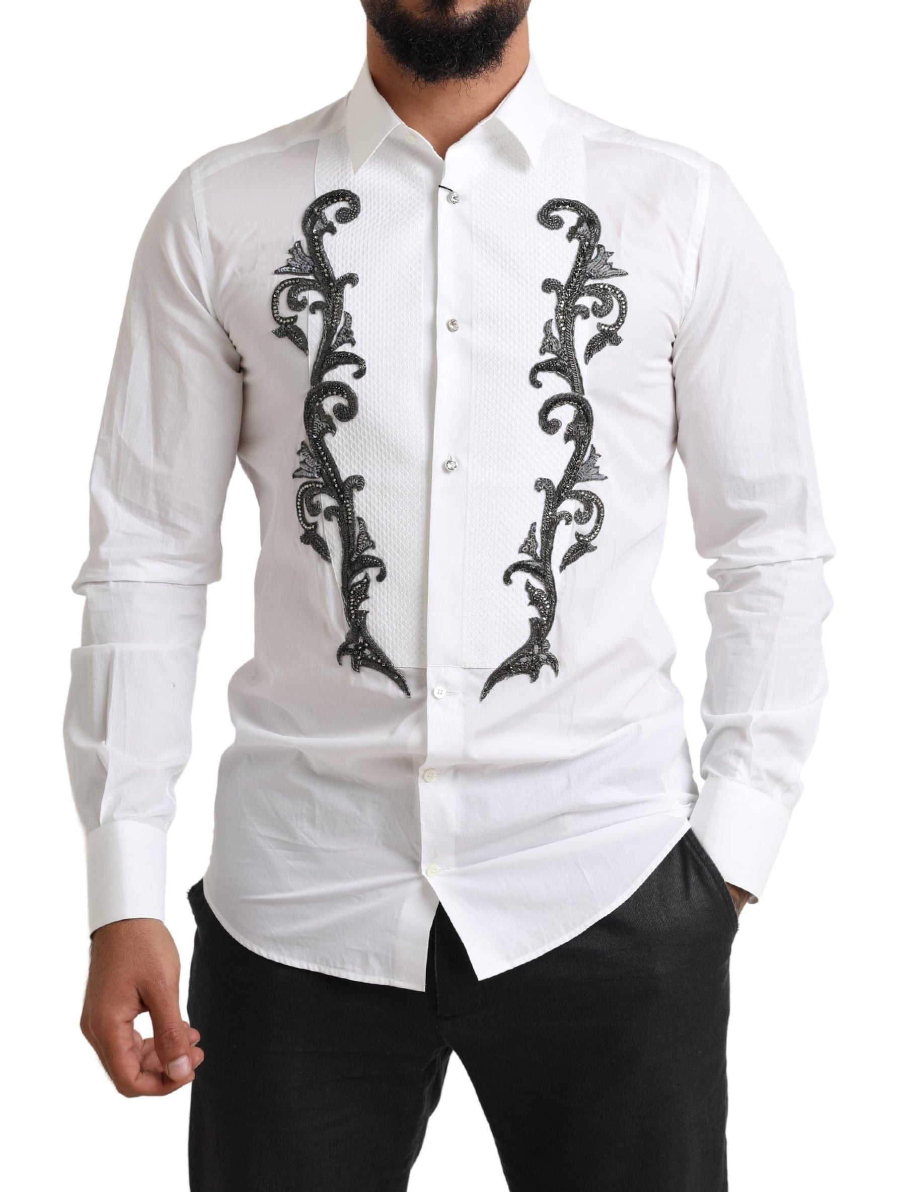 Dolce & Gabbana White Tuxedo Slim Fit Baroque Shirt | Regal Royce