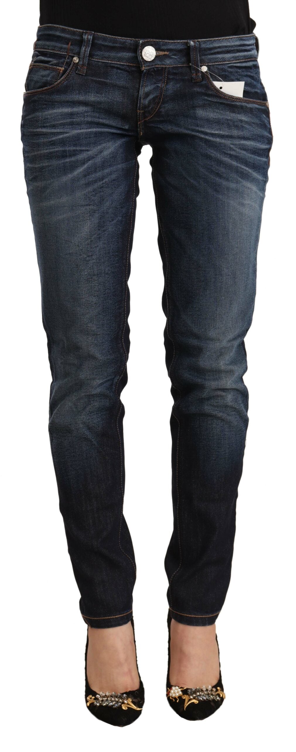 Acht Blue Washed Cotton Low Waist Skinny Denim Jeans | Regal Royce