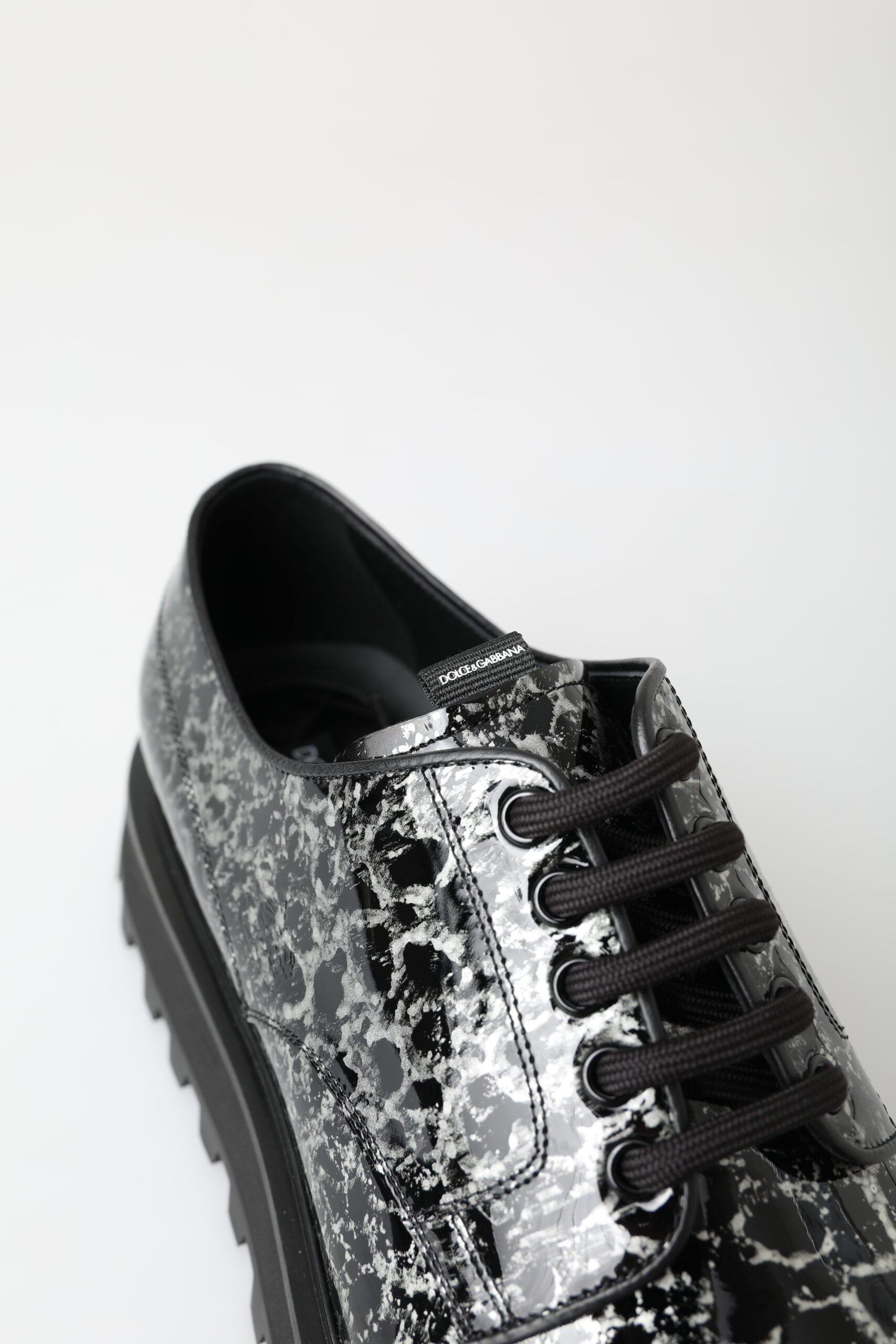Dolce & Gabbana Black White Derby Patent Leather Shoes | Regal Royce