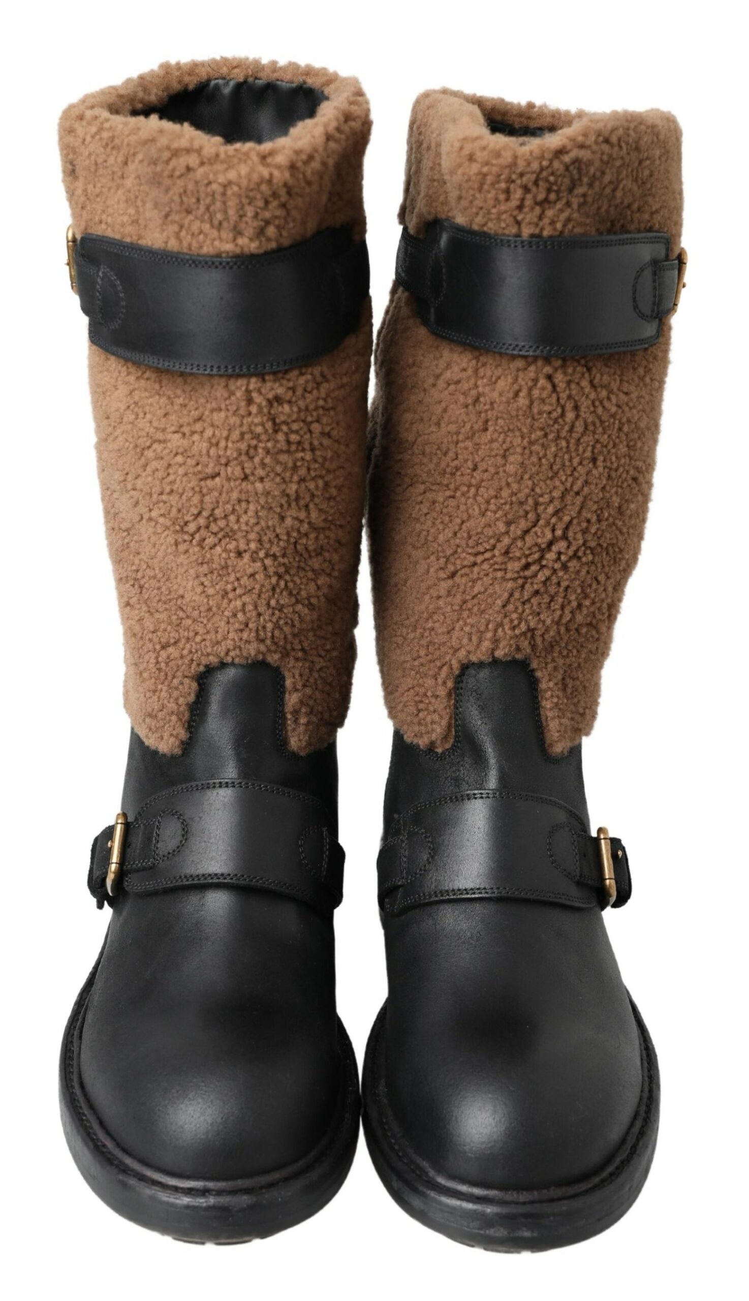 Dolce & Gabbana Black Leather Brown Shearling Boots | Regal Royce