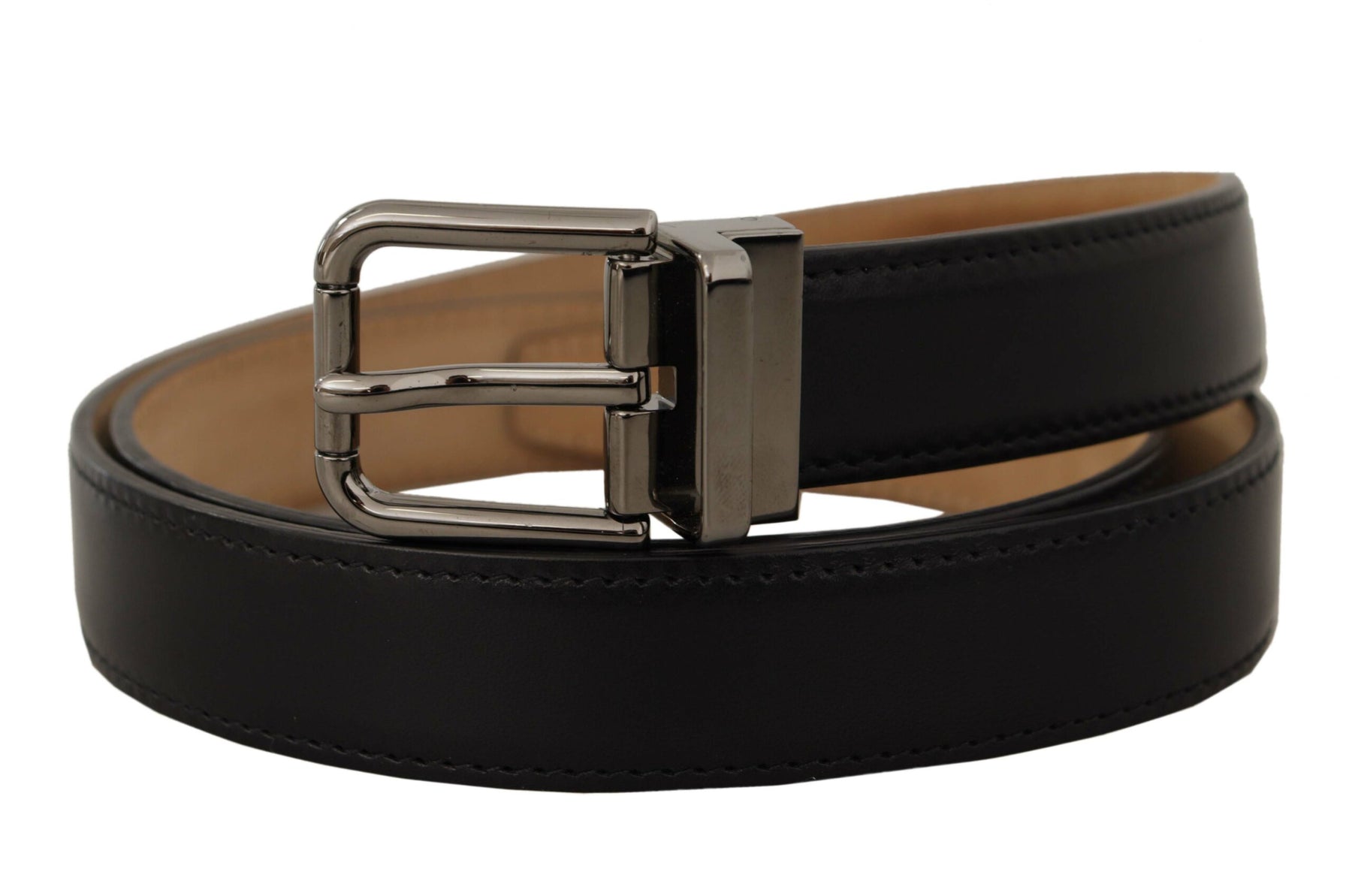Dolce & Gabbana Black Calf Leather Logo Engraved Metal Buckle Belt | Regal Royce