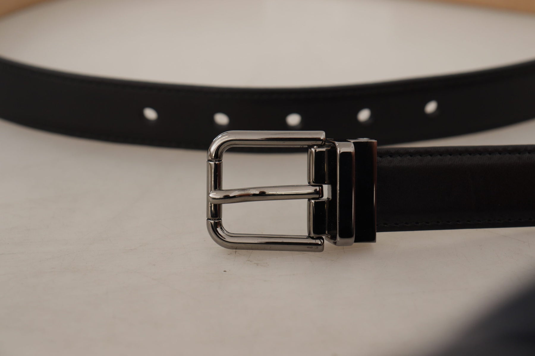 Dolce & Gabbana Black Calf Leather Logo Engraved Metal Buckle Belt | Regal Royce