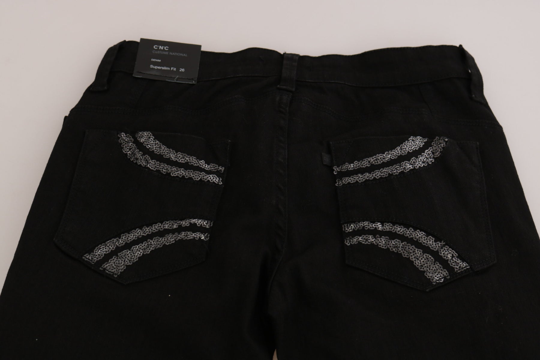 Costume National Black Sequined Mid Waist Slim Fit Denim Jeans | Regal Royce