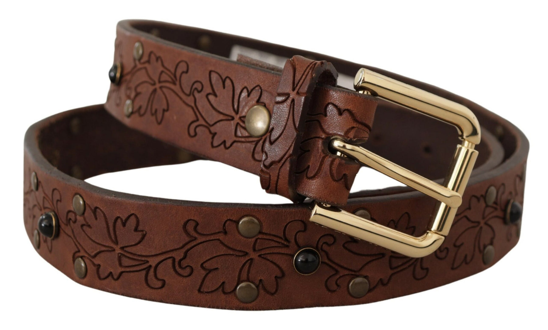 Dolce & Gabbana Brown Leather Floral Studded Metal Buckle Belt | Regal Royce