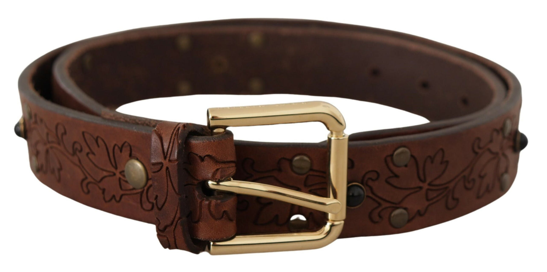 Dolce & Gabbana Brown Leather Floral Studded Metal Buckle Belt | Regal Royce