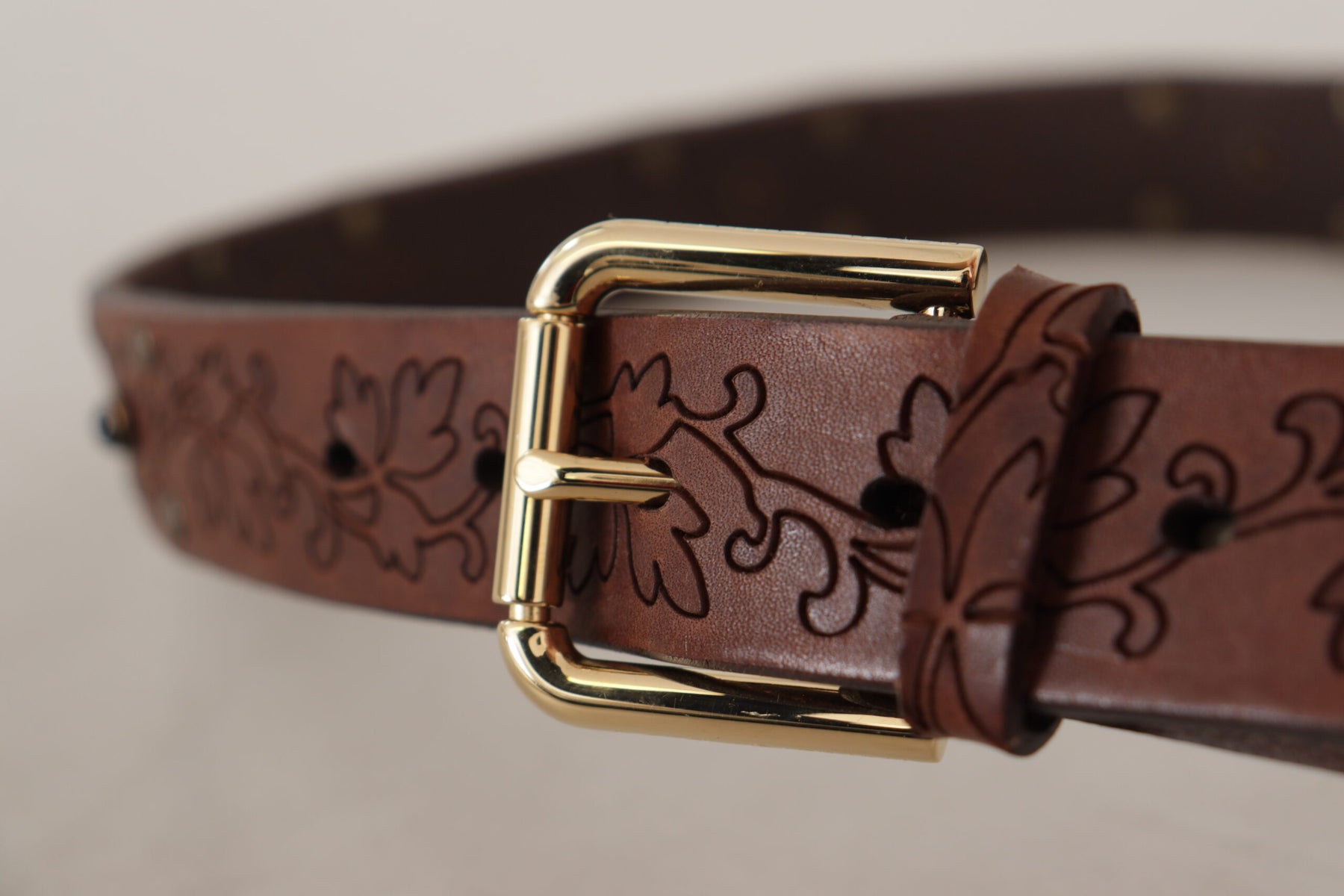 Dolce & Gabbana Brown Leather Floral Studded Metal Buckle Belt | Regal Royce