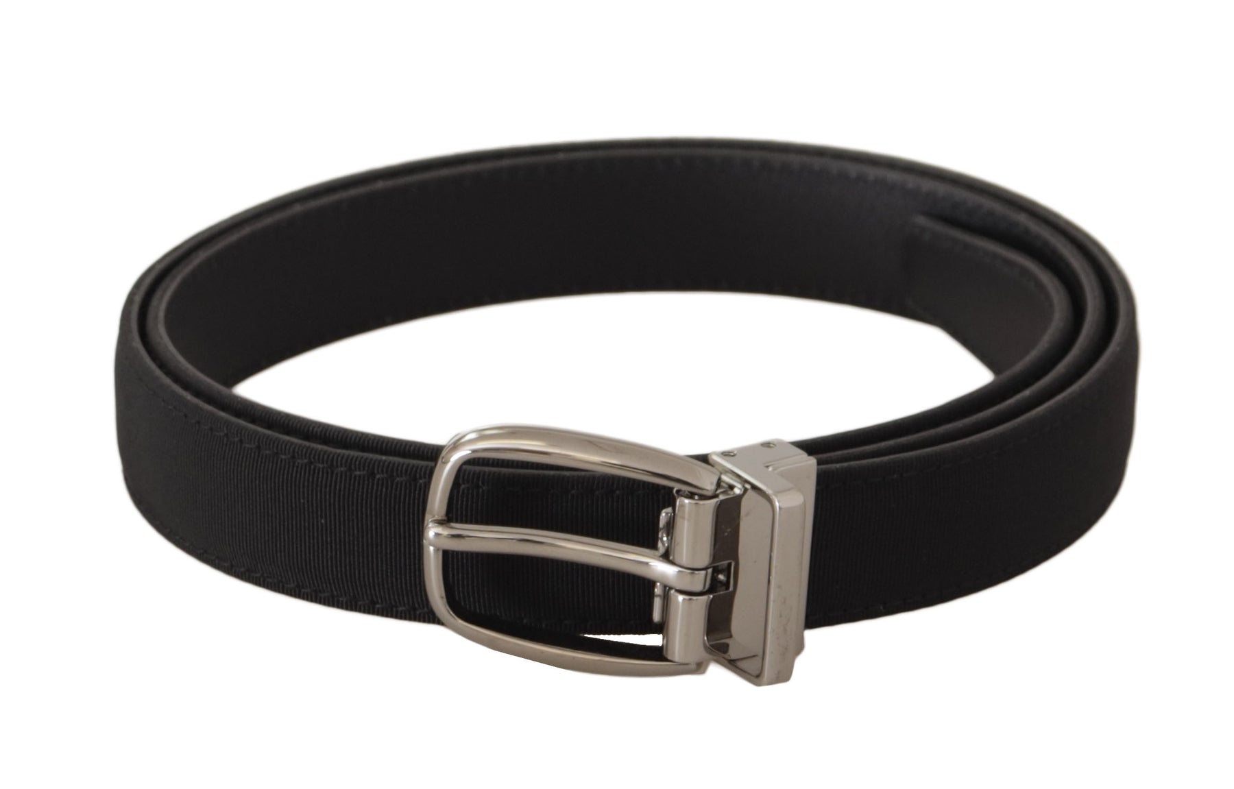 Dolce & Gabbana Black Calf Canvas Silver Tone Logo Metal Belt | Regal Royce